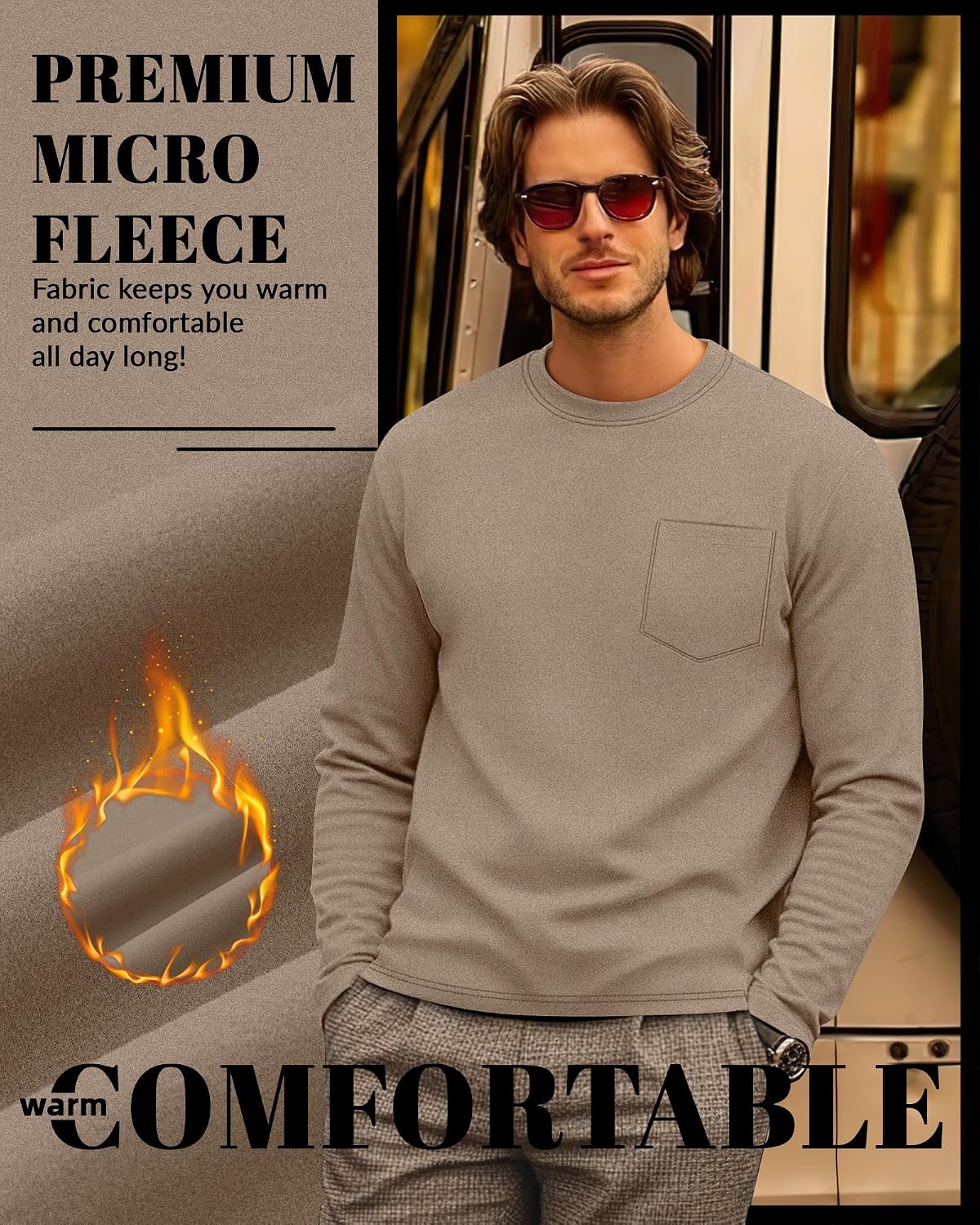 Neer 3 Pack Men's Big and Tall Thermal Shirt Fleece Lined Loose Fit Underwear Tops Casual Crew Neck Lightweight Base Layer