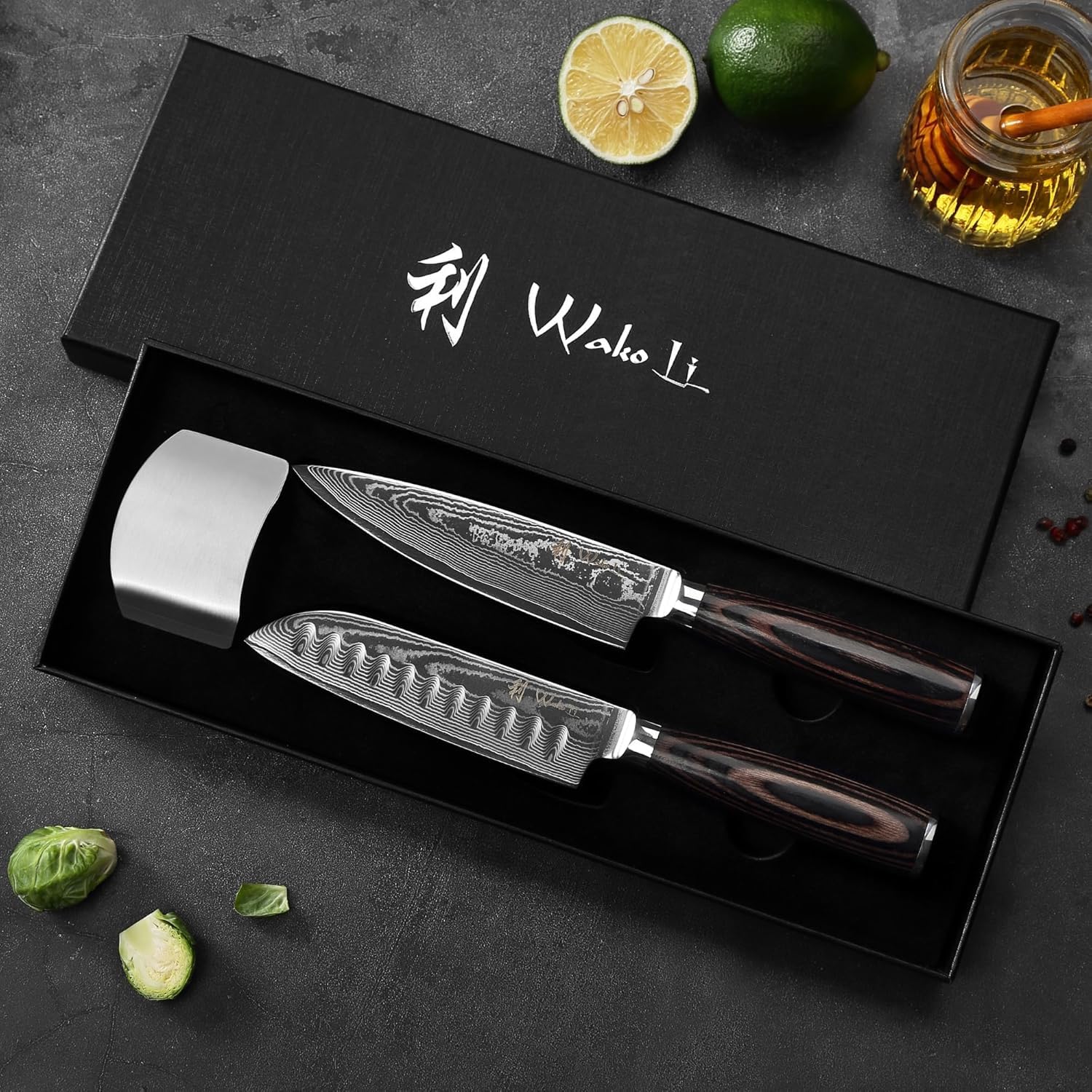 Wakoli EDIB Essentials 2-teiliges Messerset, Chefmesser, Santoku, VG10 Kern | 67 Lagen Damaststahl, kompakte 12 und 13 cm Klingen, Pakkaholzgriffe, Geschenkbox und Fingerschutz für feine Schneidarbeiten.