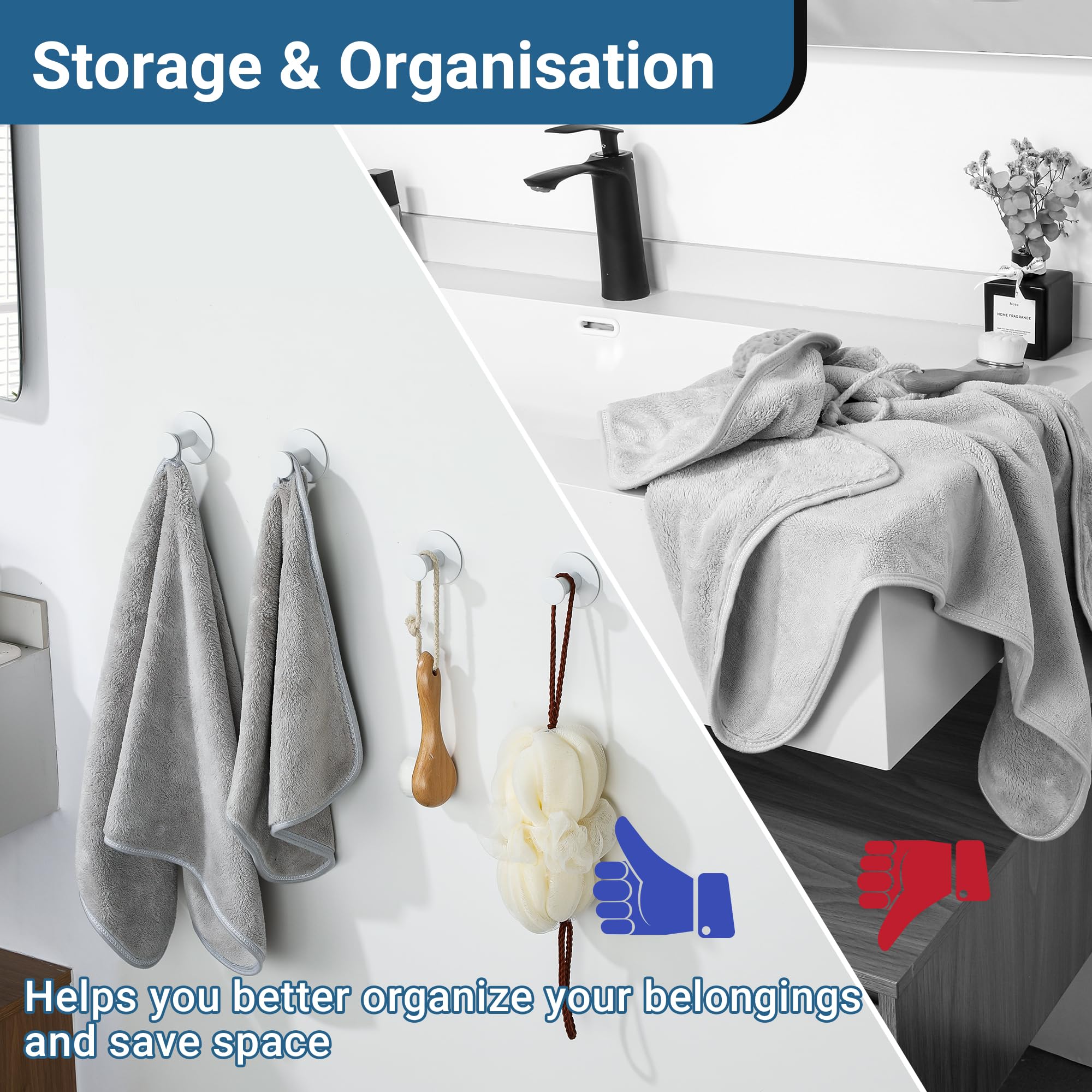 SAYAYO Ganchos Adhesivos para Pared, SUS304 Acero Inoxidable Ganchos para Colgar, Blanco Colgador Toalla Baño, Gancho Pared 2 Piezas para Baño, Dormitorio y Cocina