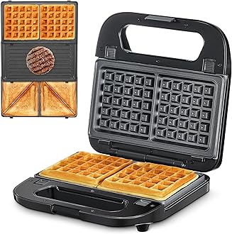 Reemix 3-in-1 Waffle, Grill & Sandwich Maker, Panini Press Grill and Waffle Iron Set with Removable Non-Stick Plates, Perfect for Cooking Grilled Cheese, Tuna Melts, Burgers, Steaks and Snacks, Black (3 in1 Sandwich Maker With Plastic Handle)