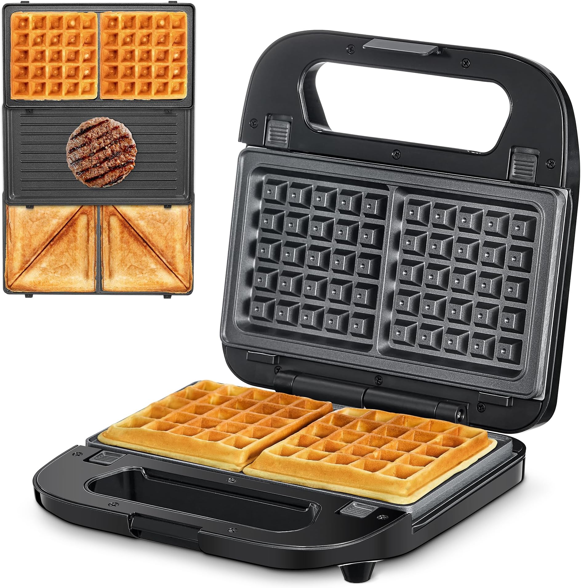 Reemix 3-in-1 Waffle, Grill & Sandwich Maker, Panini Press Grill and Waffle Iron Set with Removable Non-Stick Plates, Perfect for Cooking Grilled Cheese, Tuna Melts, Burgers, Steaks and Snacks, Black (3 in1 Sandwich Maker With Plastic Handle)