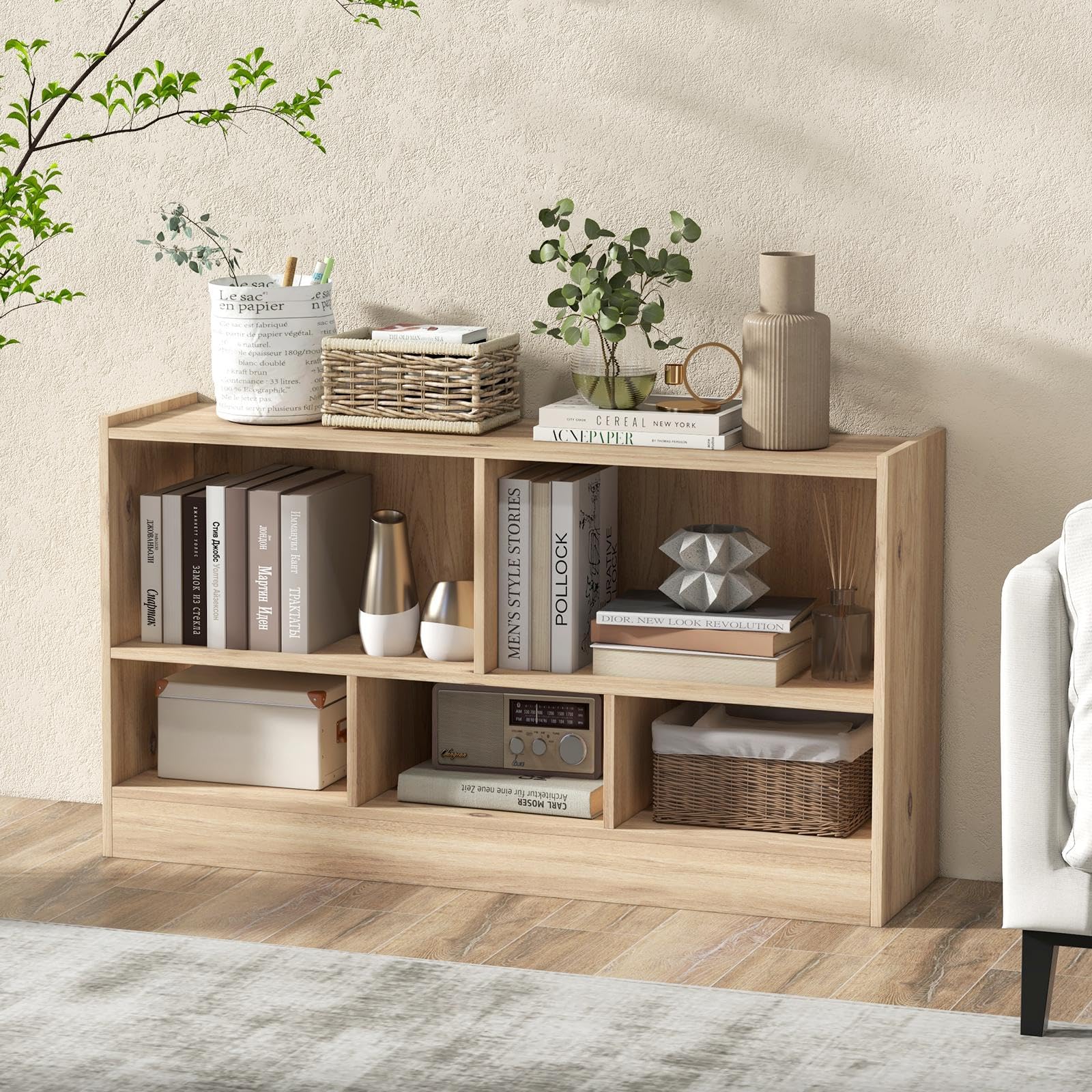 KOMFOTTEU Estantería Infantil con 5 Compartimientos Abiertos, Librería para Juguetes y Libros de Niños, Armario Bajo con Patas Antideslizantes, Estante para Exposición (111 x 30 x 61,5 cm, Natural)