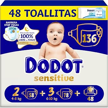 Dodot Sensitive Kit Newborn Diapers + Wipes, 58 Nappies Size 2 + 78 Diapers | Complete newborn kit with two size diapers and