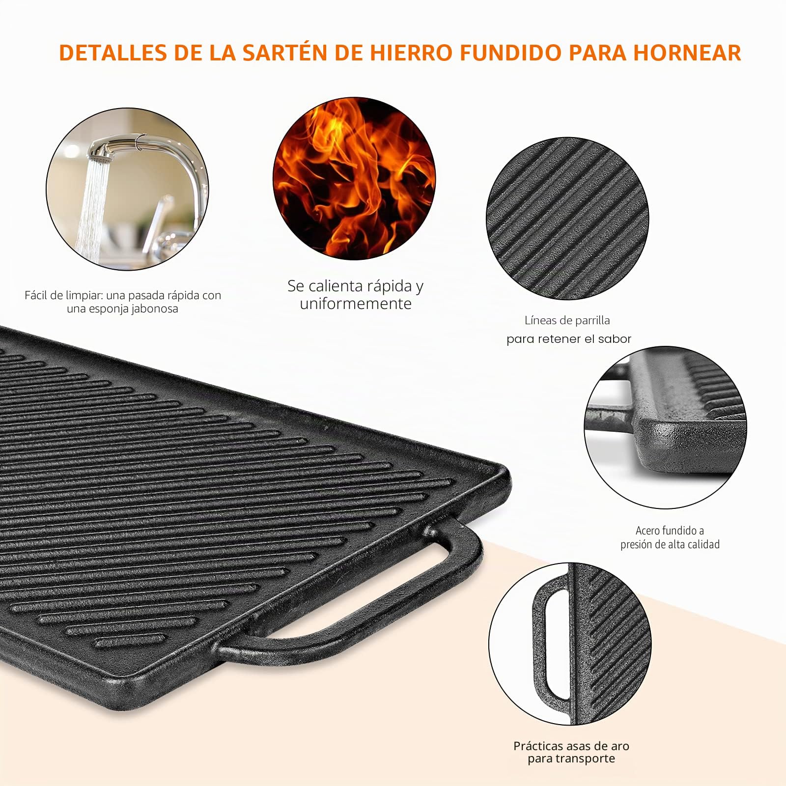 GFTIME Plancha de Hierro Fundido 33 x 21 cm para Horno, Cocina y Barbacoa, 2 en 1 Parrilla Reversible, 1 Paquete