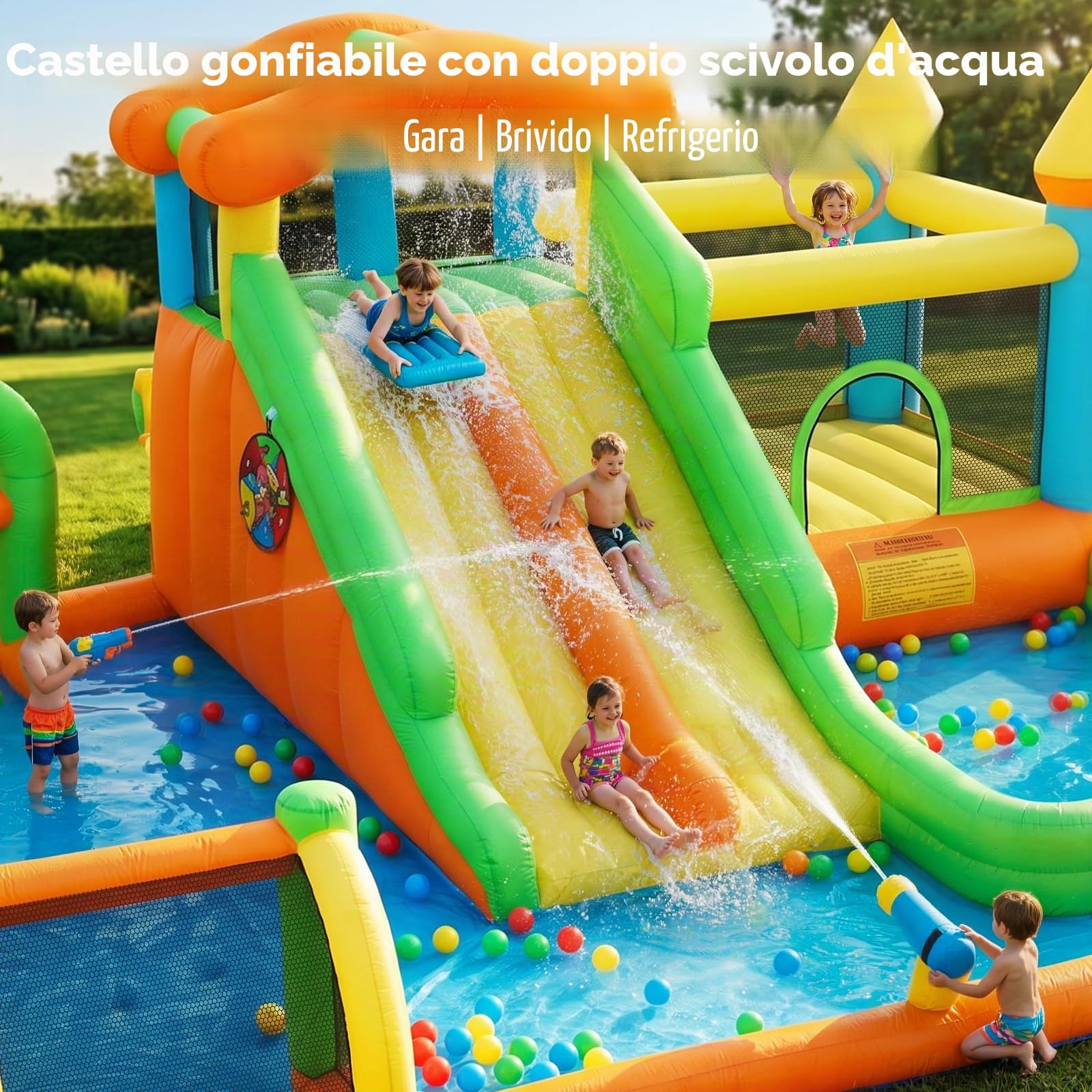 FOOING Grande scivolo acquatico gonfiabile con 2 scivoli e vasca da bagno per bambini – Area di gioco gonfiabile con due corridoi per feste in giardino e cortile, divertimento estivo all'aperto