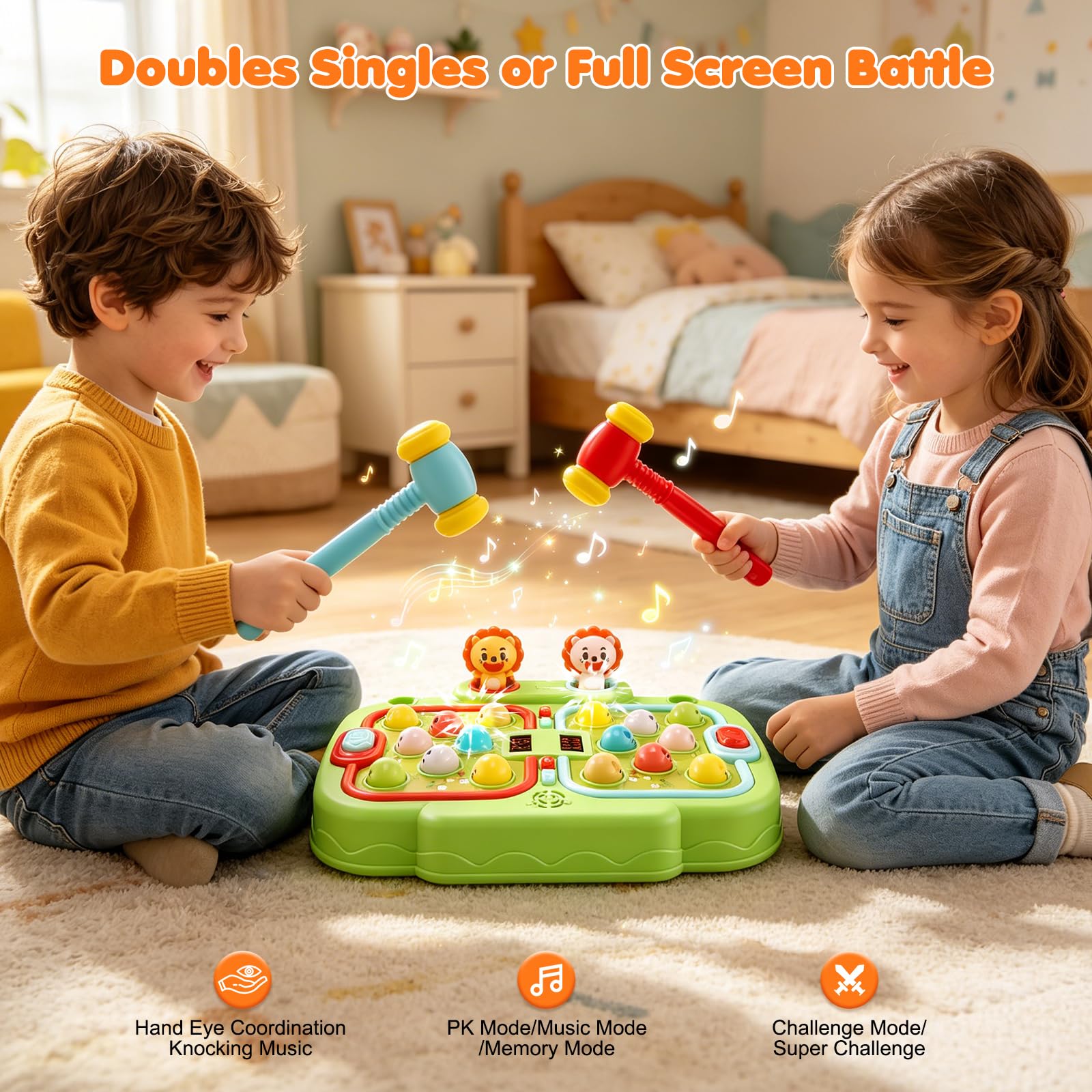 Whack a Mole Spiel für Kinder - Interaktives Musik Spielzeug mit 2 Hämmern, 16 Maulwürfen zur Förderung der Motorik - Entwicklungsspielzeug mit Beleuchtung & Soundeffekten, LCD-Display Arcade Spiel