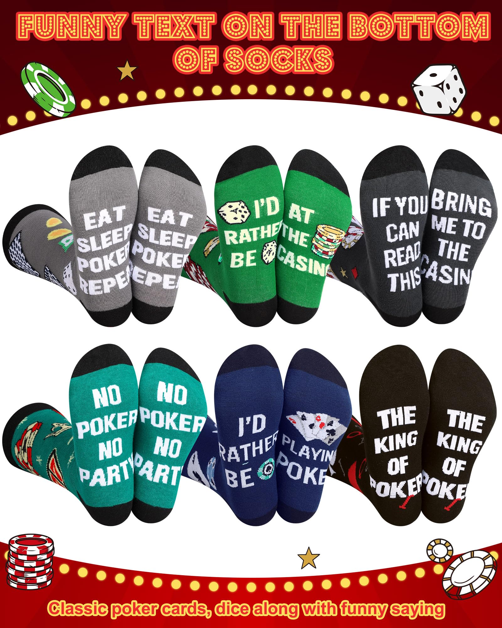 Eurzom 6 Pairs Funny Casino Crew Socks for Men Women Novelty Poker Dice Pattern Sock Mom Father Birthday Gift Casino Lover