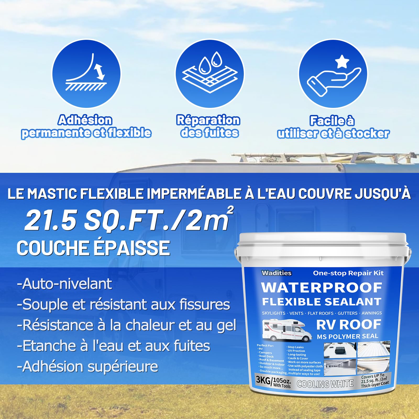 Scellant imperméable blanc, Wadities 3KG Scellant élastomère imperméable scelle, protège et répare les fuites immédiatement - pour l'intérieur et l'extérieur