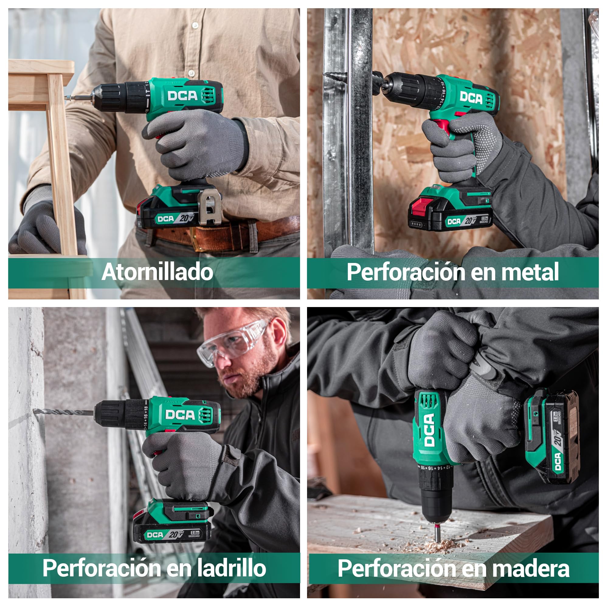 DCA Taladro percutor inalámbrico 20V, 40 Nm, portabrocas automático de 13 mm, 22500 IPM, 2 velocidades, 18+1+1, taladro de impacto con 14 brocas/destornilladores para ladrillo, metal y madera