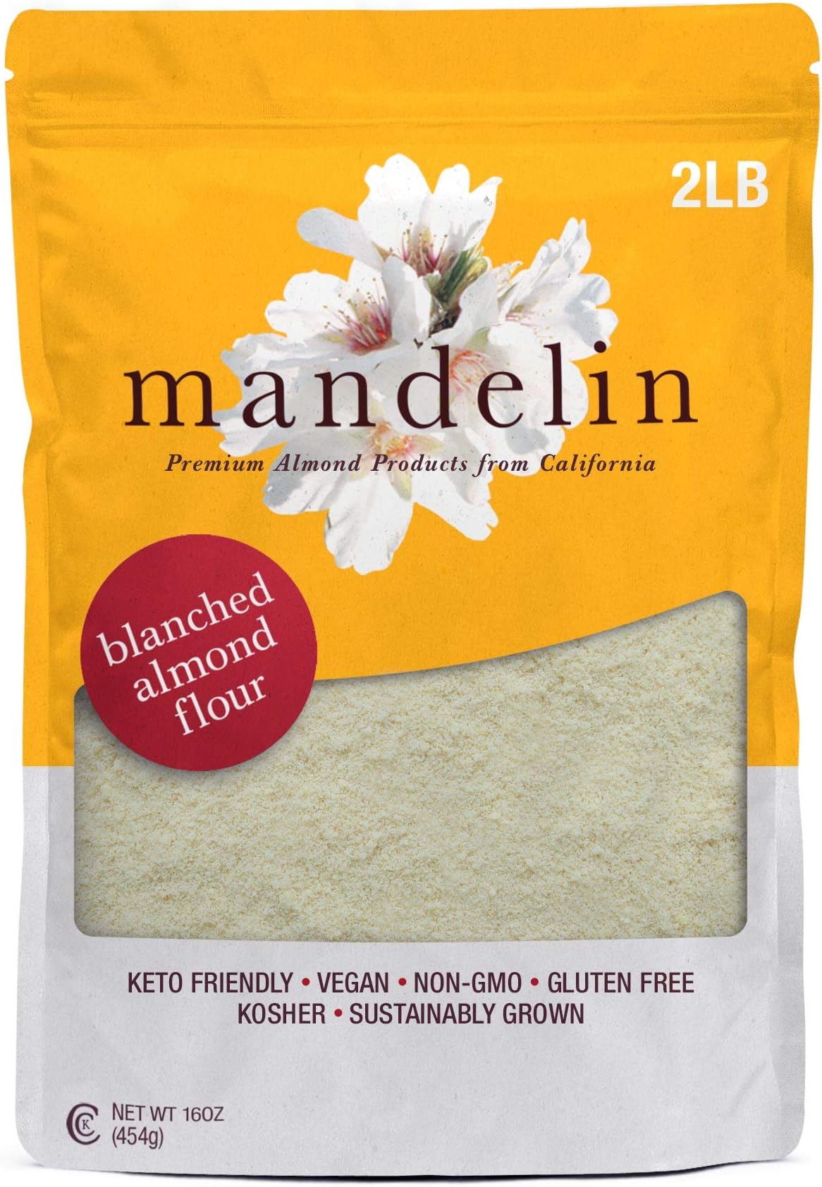 Mandelin Grower Direct Pure Blanched Almond Flour 2 lb / 32oz, Finely Ground, Non-GMO, Gluten Free, Vegan, Keto Plant Based Diet Friendly, Kosher for Passover, Every Batch Tested for Quality