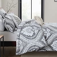 Vista 7 de CozyDH - Juego de funda de edredón CozyDH tamaño Queen, 100% algodón, funda de edredón con patrón floral de damasco gris y paisley, juego de ropa