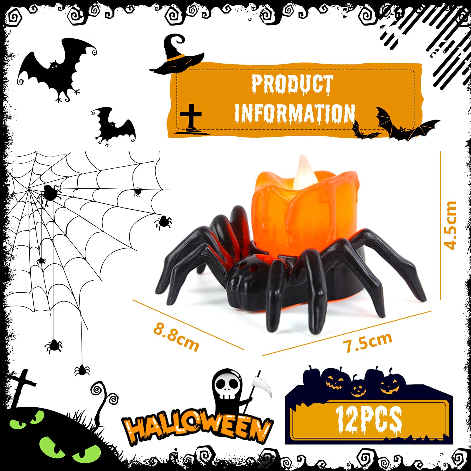 Halloween LED Kerzen Mit Krähe & Spinne - 4er Set Batteriebetrieben