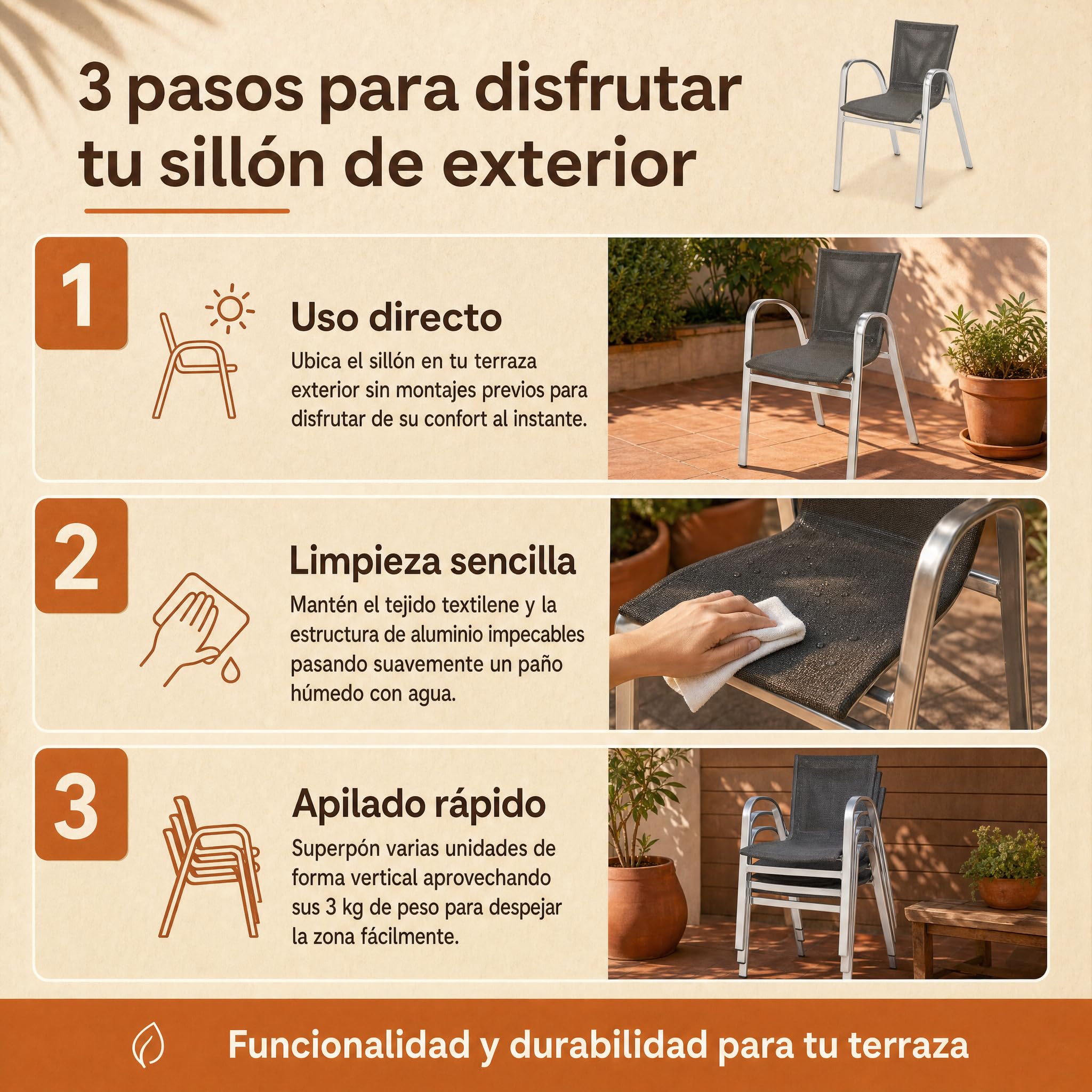 Silla de Jardín Apilable | Sillón Exterior Aluminio | Verde Oliva