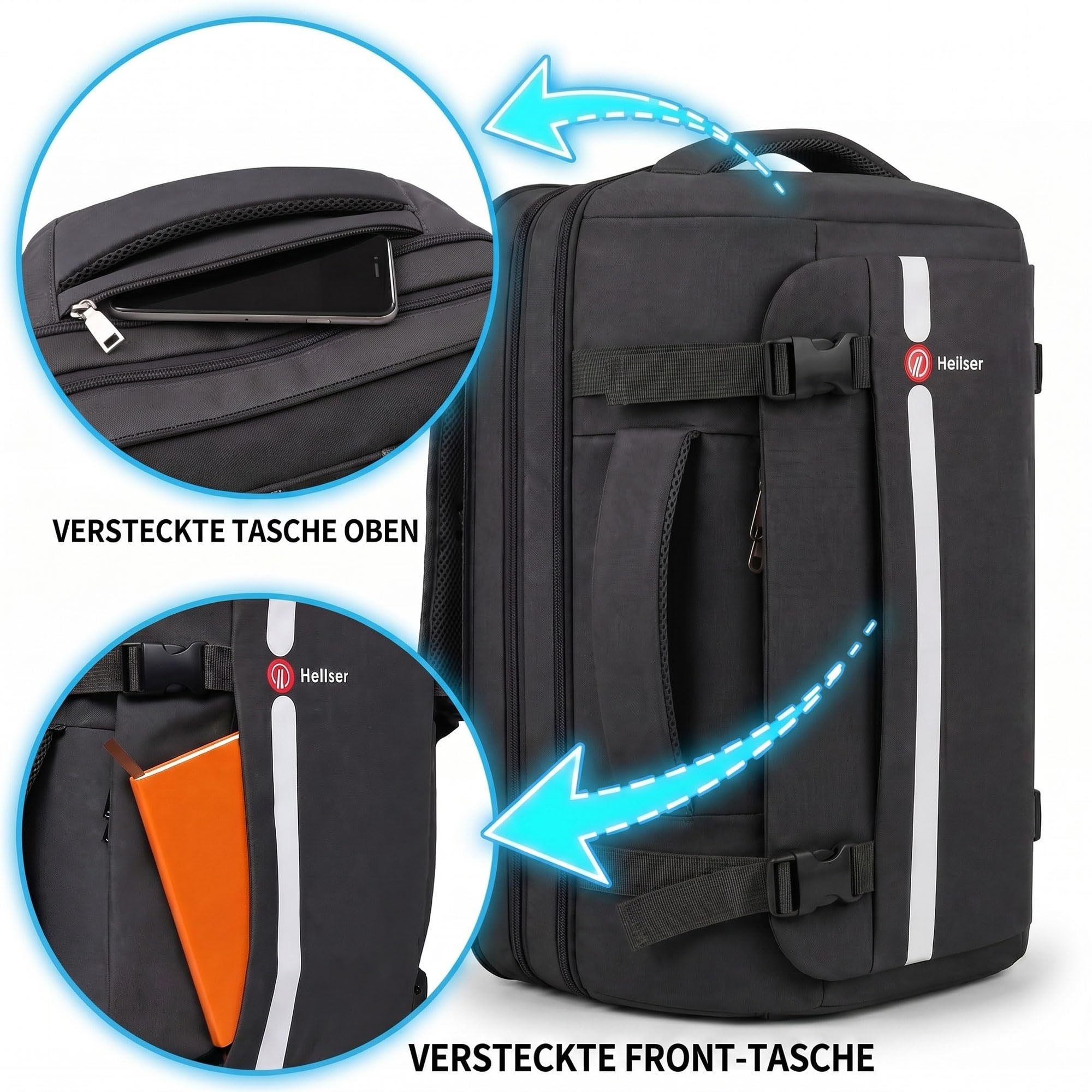 HELLSER Reiserucksack Handgepäck 30L mit 17 Zoll Laptopfach – 2in1 Laptoprucksack & Reisetasche – Erweiterbar, Anti-Diebstahl-Fach, Koffergurt - 45x31x21cm Damen & Herren, Schwarz
