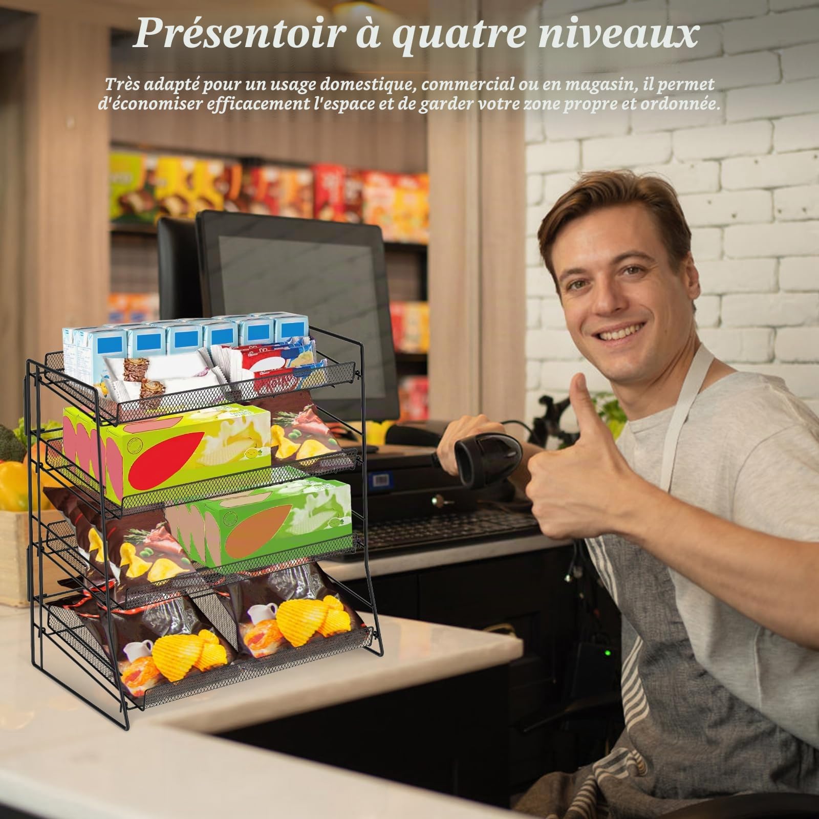 Présentoir à bonbons en métal à 4 niveaux pour plan de travail, 40 × 22 × 41 cm, organisateur de bonbons empilable, étagère de vente au détail pour concession, cuisine, bureau