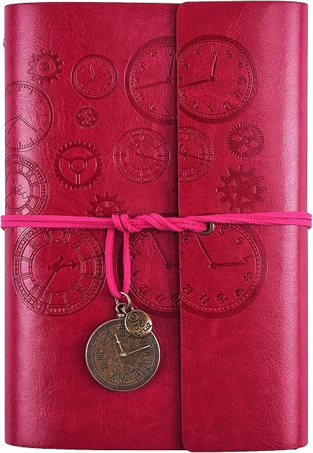 Leather Notebook, Refillable Journal Notebook with Lined Pages Vintage Writing Travelers Notebook Spiral Bound Journal, Gift for Men and Women Classic Embossed Retro Pendants 18 x 13 cmA6, Rose Red)
