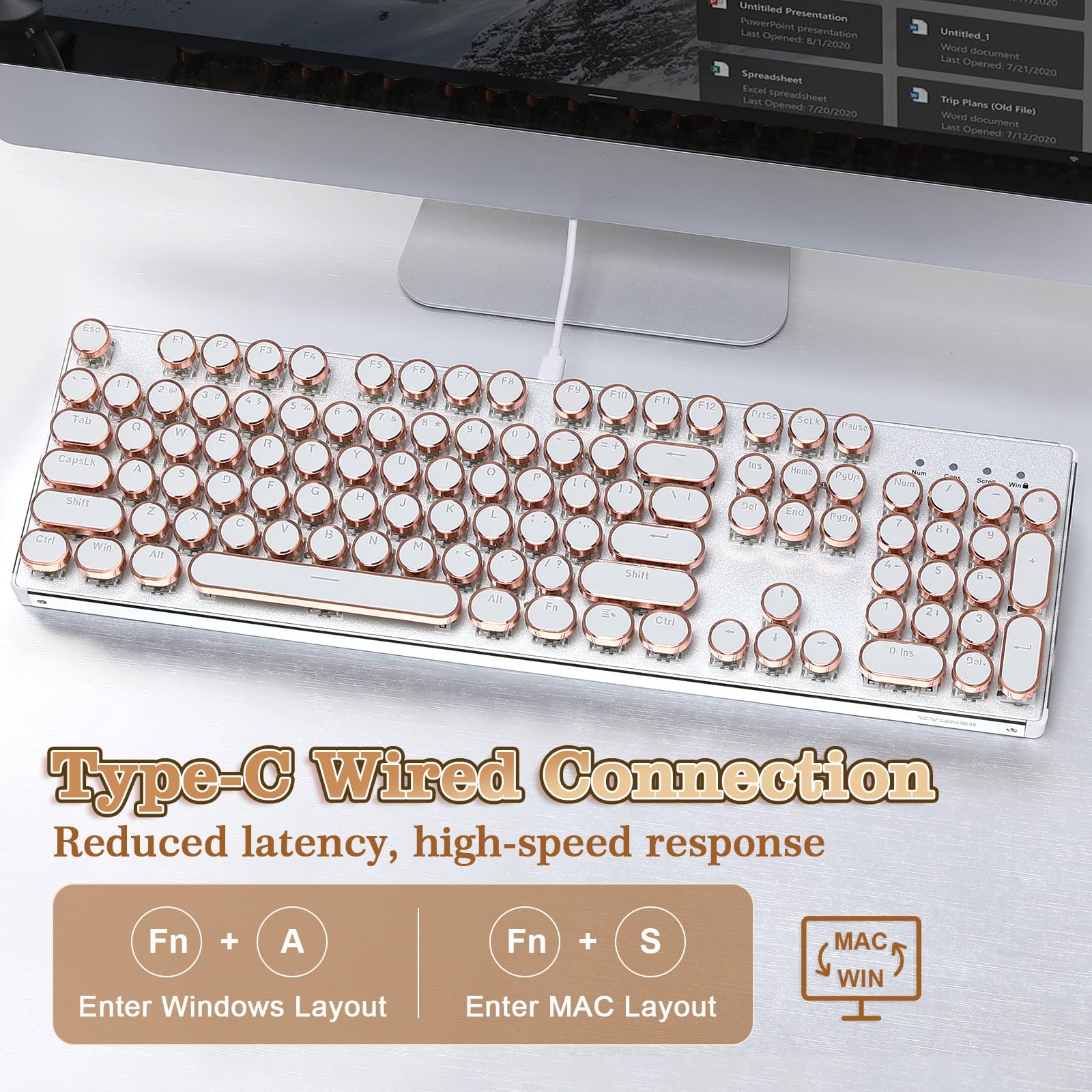 YUNZII QL108 Mechaniczna Klawiatura Gamingowa w Stylu Maszyny do Pisania, Hot Swappable Podświetlane RGB Klawiatury, Przewodowa Klawiatura Komputerowa USB (Srebrne, Onyx Gray Tactile Switch)