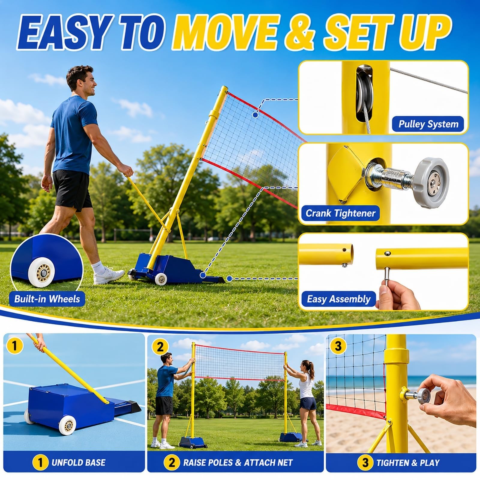 Rete Pallavolo Da Giardino Con Pali Regolabili E Rete Da Badminton, Sistema Portatile 2 In 1 Con Base Mobile A Ruote, Per Adulti E Bambini, Uso Interno Ed Esterno, Allenamento E Tempo Libero