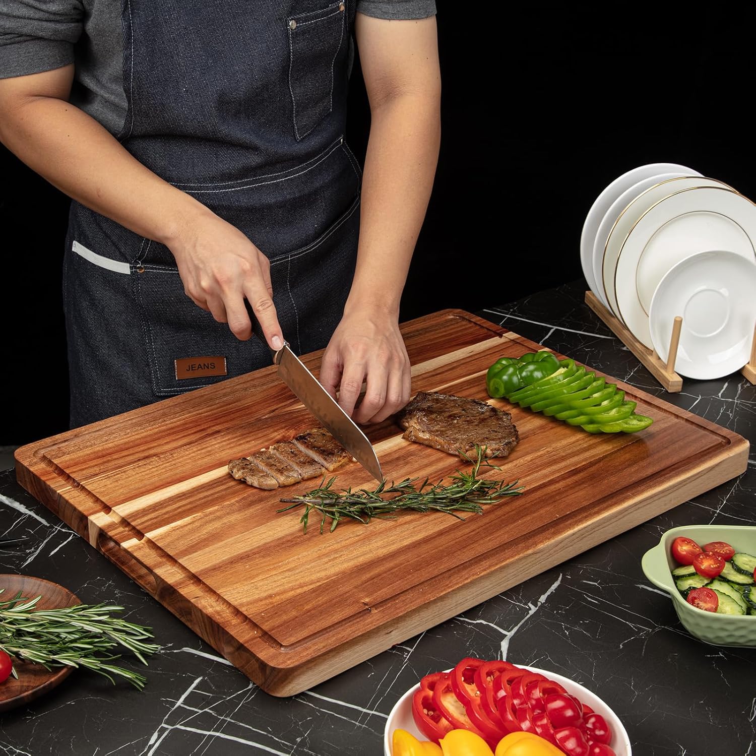 24 x 18 in Acacia Cutting Board for Kitchen with XXL Extra Large Charcuterie Cheese Platter Serving Tray, Extra Large Butcher Block, Reversible Chopping Board with Juice Groove