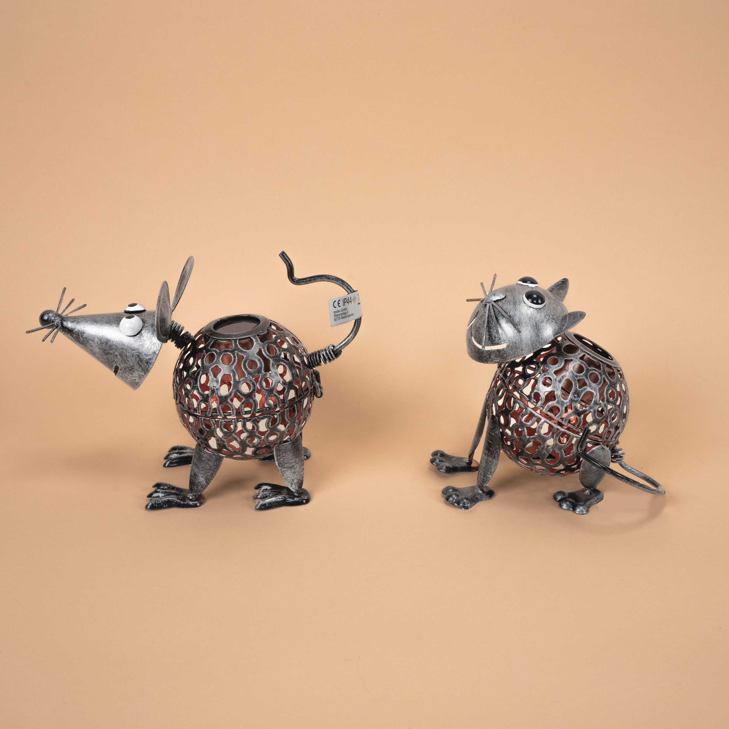 Esotec Solar Metall Figuren für den Garten Vogelpaar Katz & Maus, silberfarben, Akku, Solarmodul, LED Gartendekofigur 103100