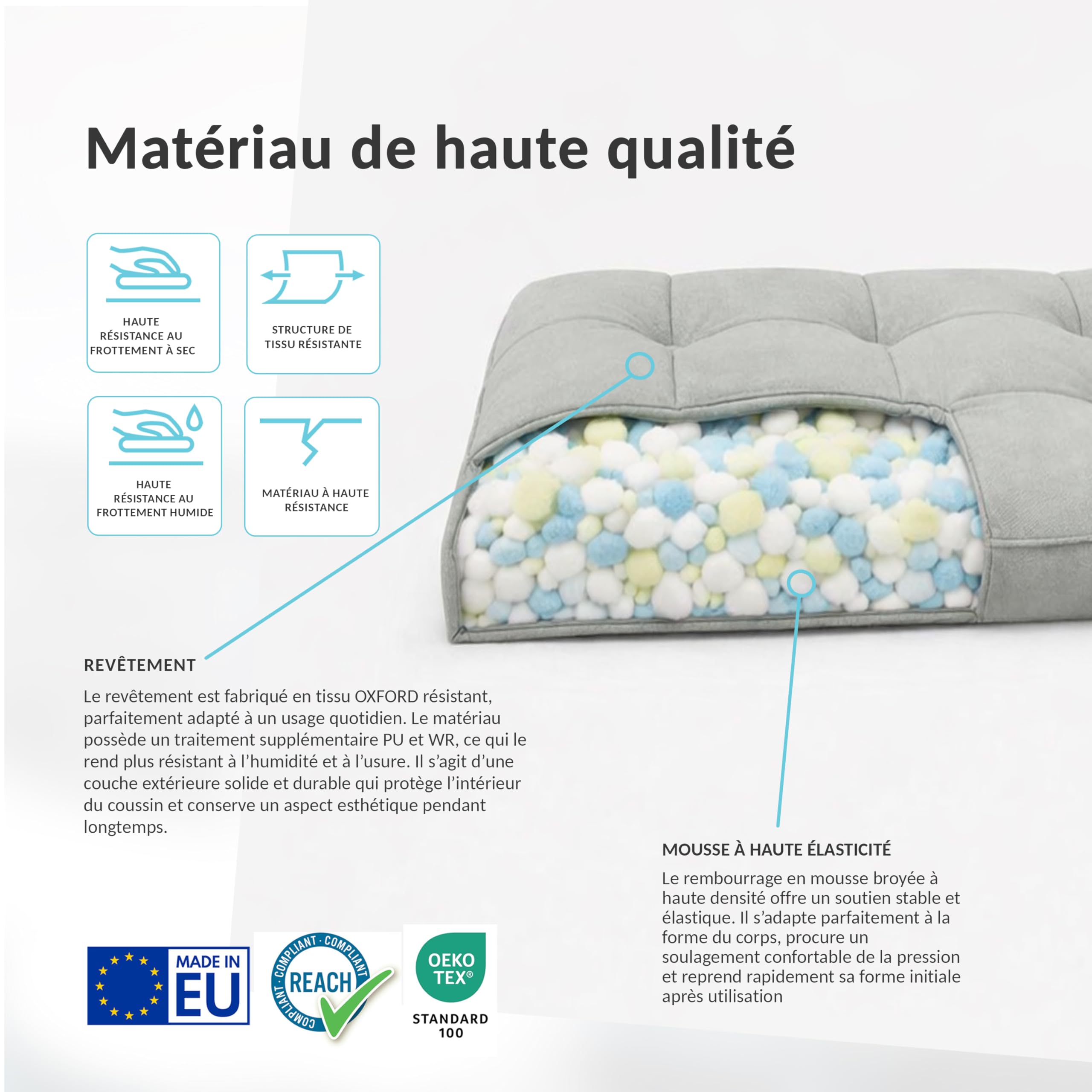 POKAR Coussin Bain de Soleil 200x60x13 cm | Imperméable et Déperlant | Matelas Transat Finition Matelassée | Coussin pour Chaise Longue de Jardin | Épaisseur 13 cm | Oeko-TEX | Made in EU | Gris