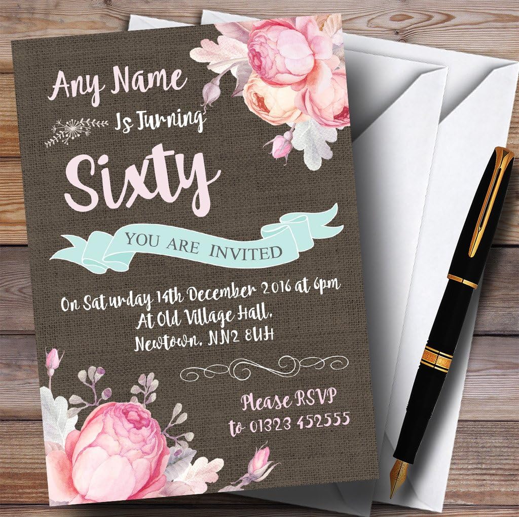 Vintage Burlap Style Floral 60th Personalized Birthday Party Invitations
