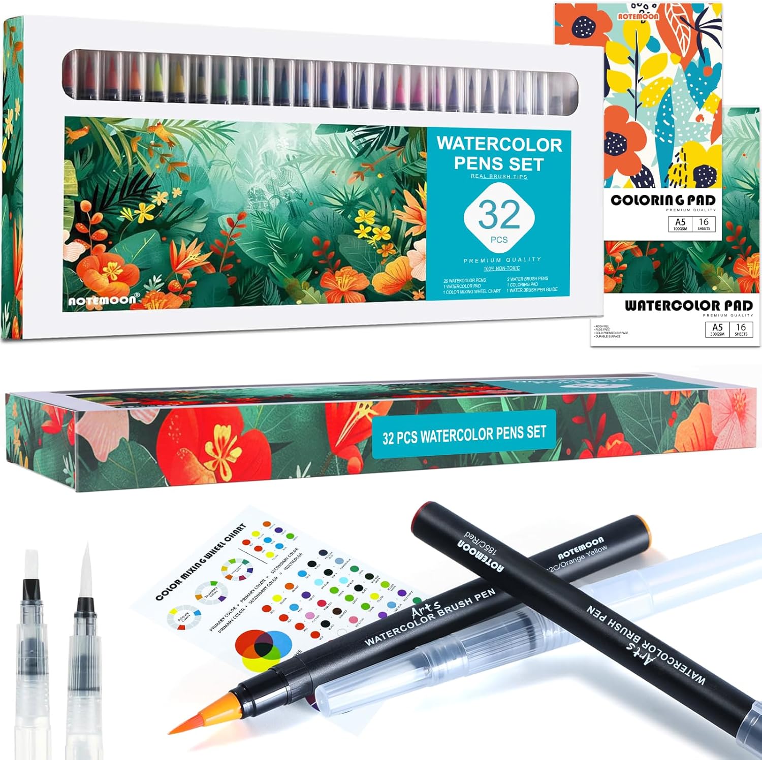 60 Watercolor Pens Set Includes 52 Vivid Colors, Real Brush Tips Paint Markers Set with 4 Blender Pens, Watercolor Pad and Coloring Pad, Art Supplies Gifts for Beginners Young Artists and Adults