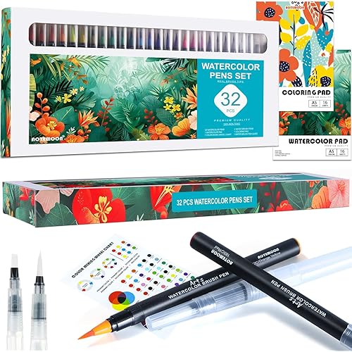 32 Watercolor Pens Set Includes 26 Vivid Colors, Real Brush Tips Paint Markers Set with 2 Blender Pens, Watercolor Pad and Coloring Pad, Art Supplies Gifts for Girls Teens Beginners
