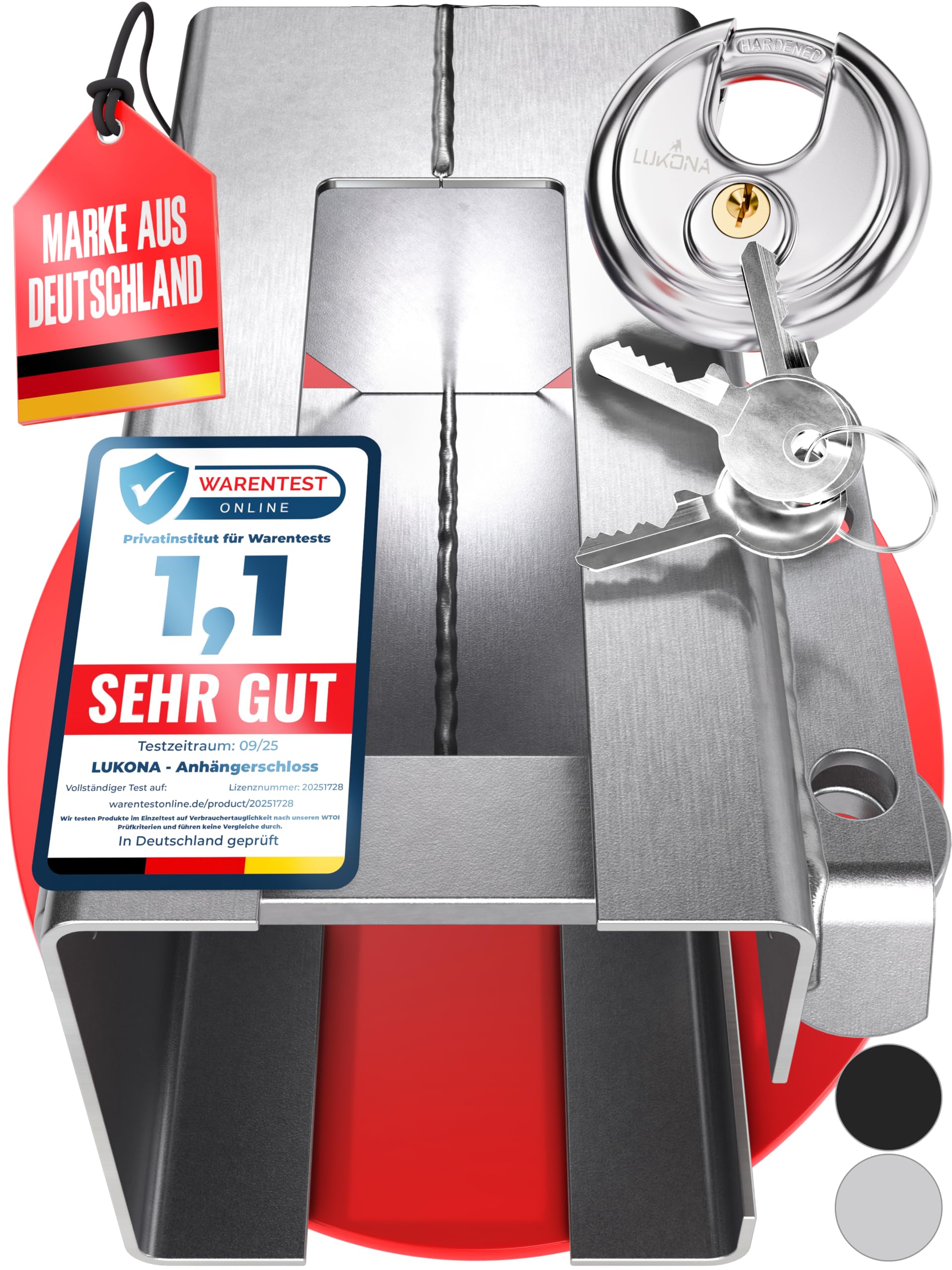 Lukona® Anhängerschloss mit Sicherheitsriegel inkl. Diskusschloss - Extra 3 Schlüssel inkl. Aufbewahrungsbeutel - Kastenschloss Diebstahlschutz (Silber)