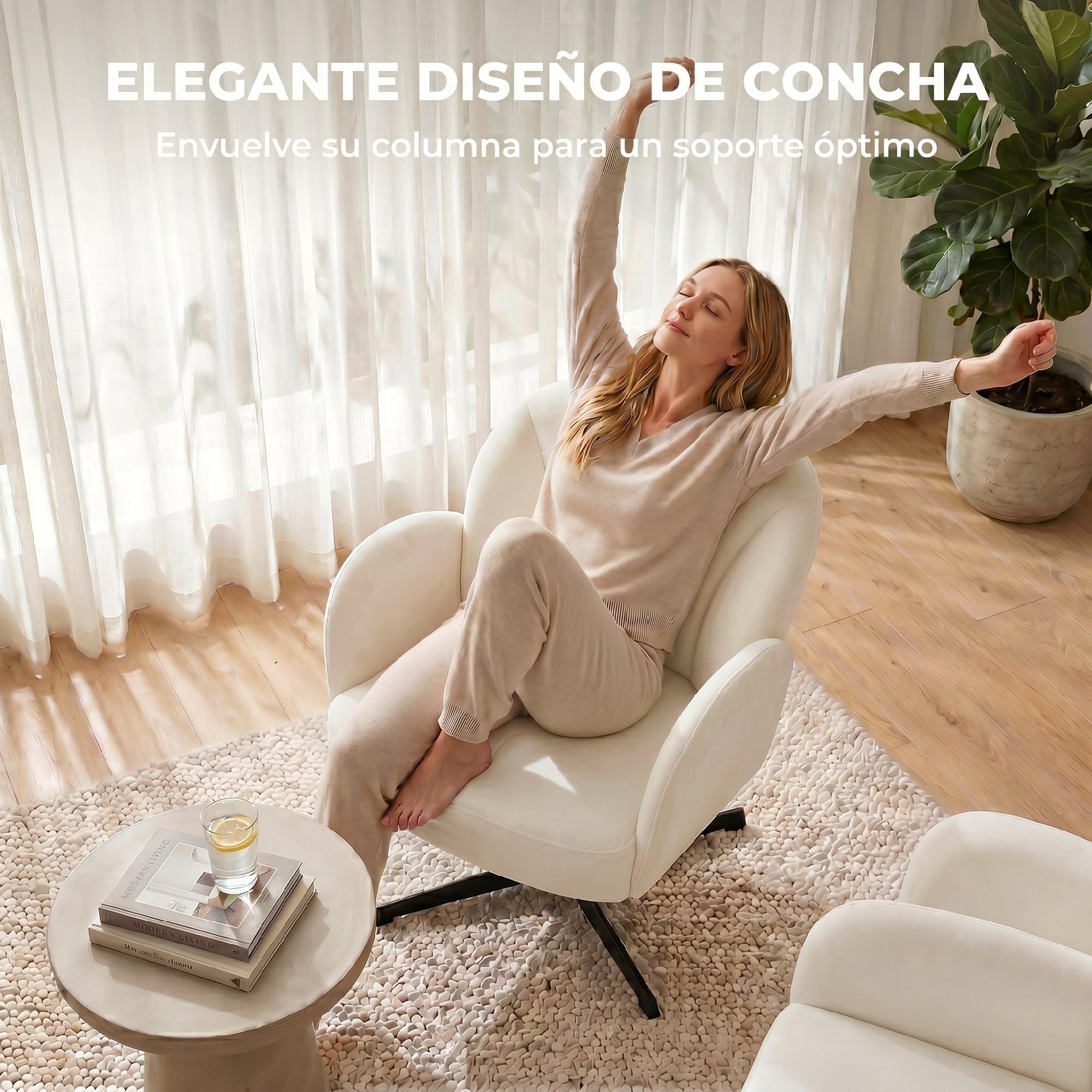 HOMCOM Sillón de Salón Giratorio, Butaca Tapizada en Terciopelo, Crema | Respaldo en Forma de Concha, Cojín con Resortes, Base Cruzada, Sillón de Relax para Dormitorio, Oficina, Estudio