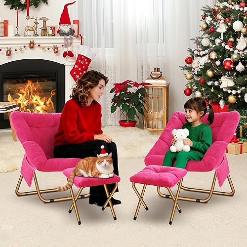 Miniatura 2 de Silla plegable Comfy Saucer para sala de estar, silla de piel sintética suave para dormitorio, sillas de lectura para adultos y niños, XL, rosa