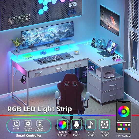 140cm Large Computer Desk with 5 Fabric Drawers, Home Office Work Desk with Power Outlets & Monitor Stand, L Shaped Gaming Desk with CPU Stand, Reversible Wooden Corner Desk, White