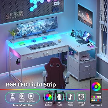 140cm Large Computer Desk with 5 Fabric Drawers, Home Office Work Desk with Power Outlets & Monitor Stand, L Shaped Gaming Desk with CPU Stand, Reversible Wooden Corner Desk, White