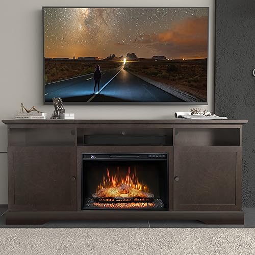Rodalflame Soporte de TV con chimenea para televisores de hasta 82 pulgadas, centro de entretenimiento con puerta plana con chimenea eléctrica