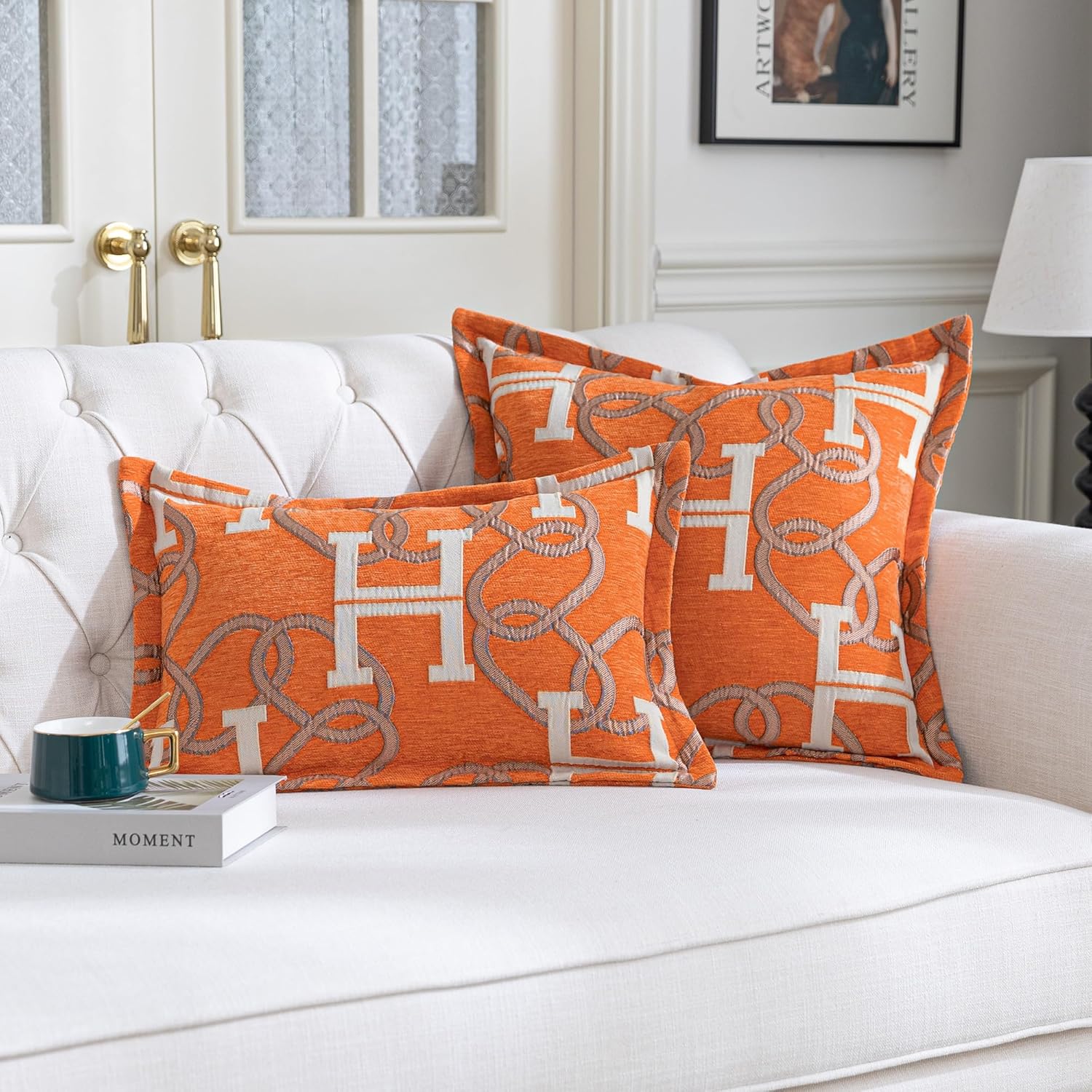 Modern Letter H Throw Pillow Covers 13x20 Inches, 1-Piece Chain Pattern Jacquard Lumbar Pillow Cover, Luxury Chic Decor Soft Chenille Pillowcase for Couch Sofa Living Room Chair(Orange)
