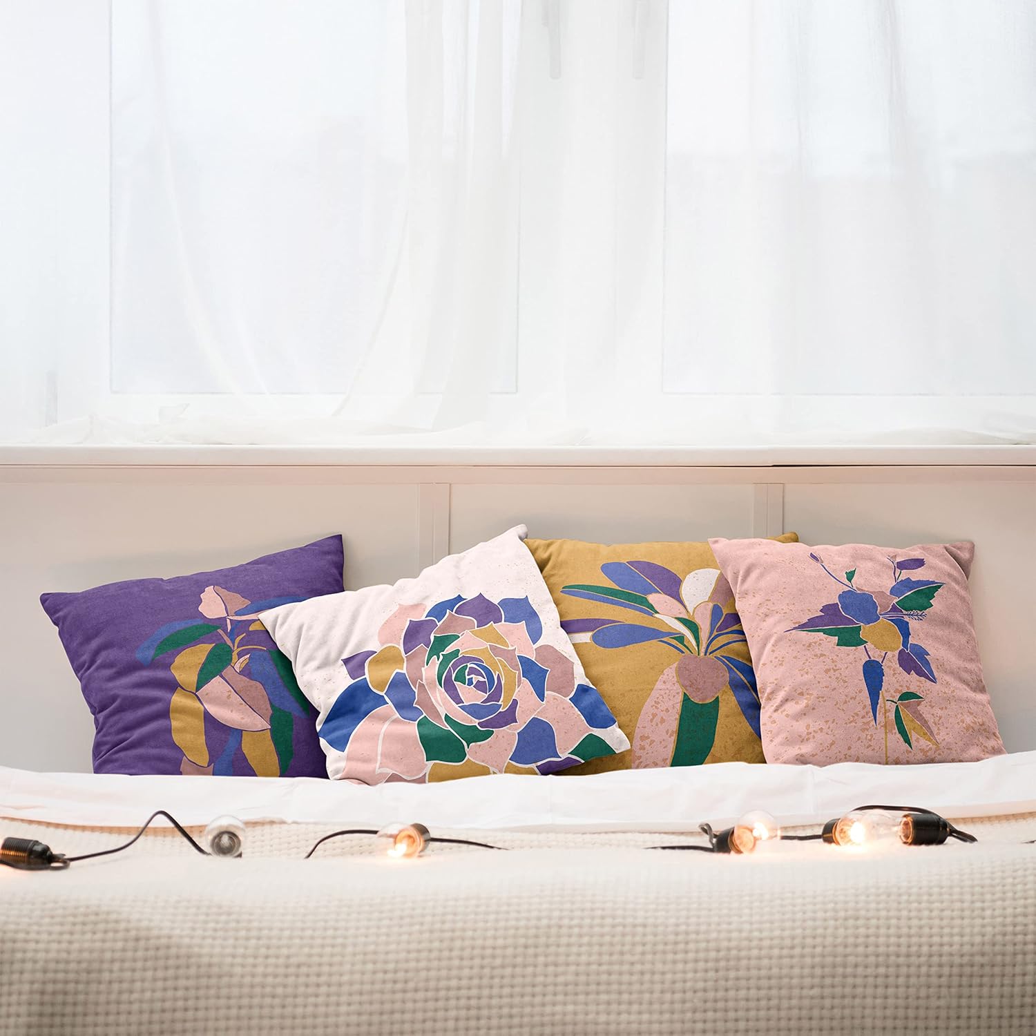Ambesonne Floral Throw Pillow Cushion Case Pack of 4, Exotic Composition with Blooming Jungle Flower Petals Abstract Colors, Modern Accent Double-Sided Digital Printing, 18", Violet Blush Dark Yellow