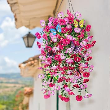 4 Pcs Artificial Flowers for Outdoor, Realistic Artificial Hanging Flowers for Outdoors, UV Resistant Fake Plants Silk Petunia Faux Flowers for Porch Patio Garden Porch Decor