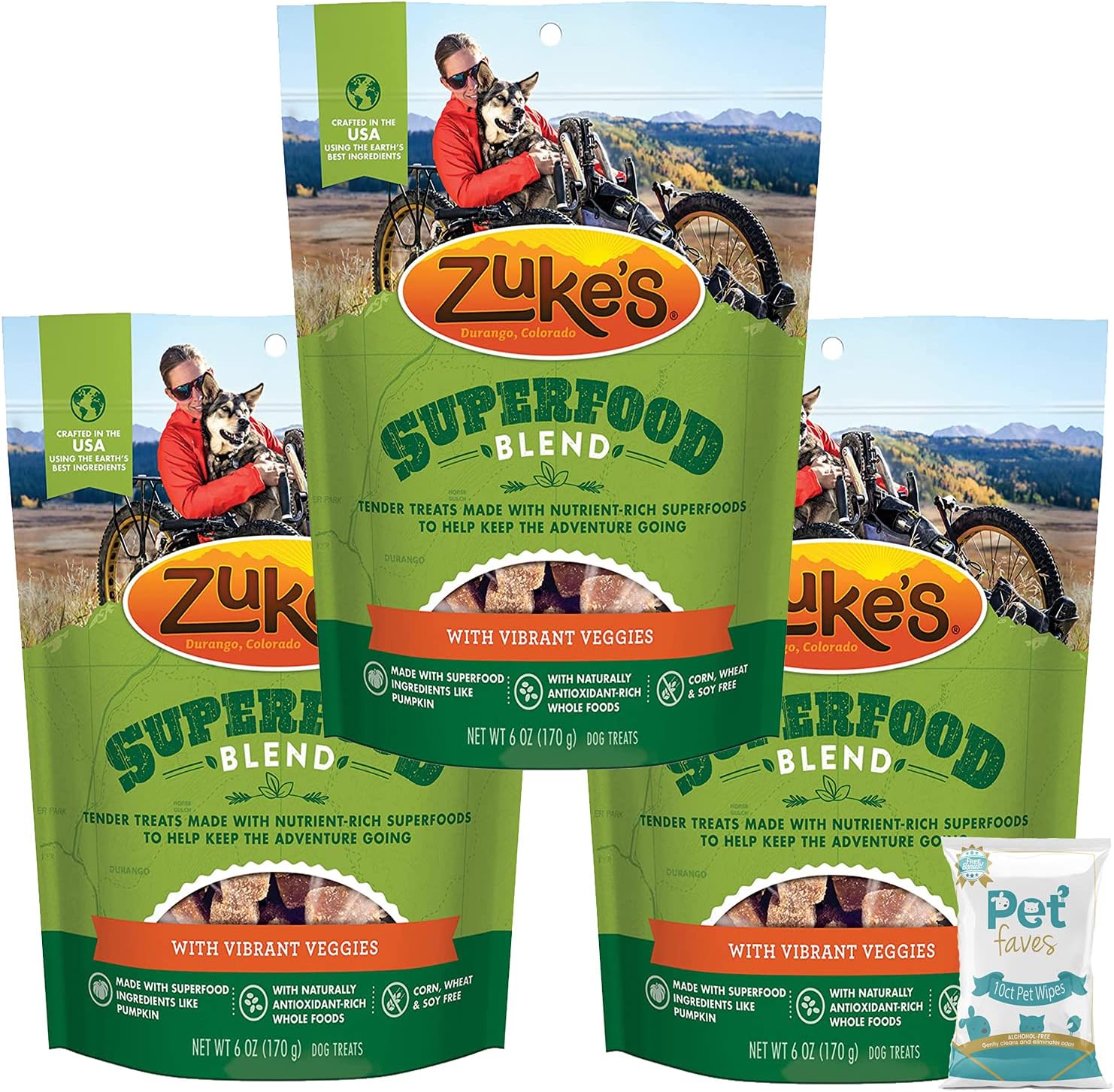 (3 Pack) Zuke Superfood Blend Natural Dog Treats, Vibrant Veggies 6oz with 10ct Pet Wipes