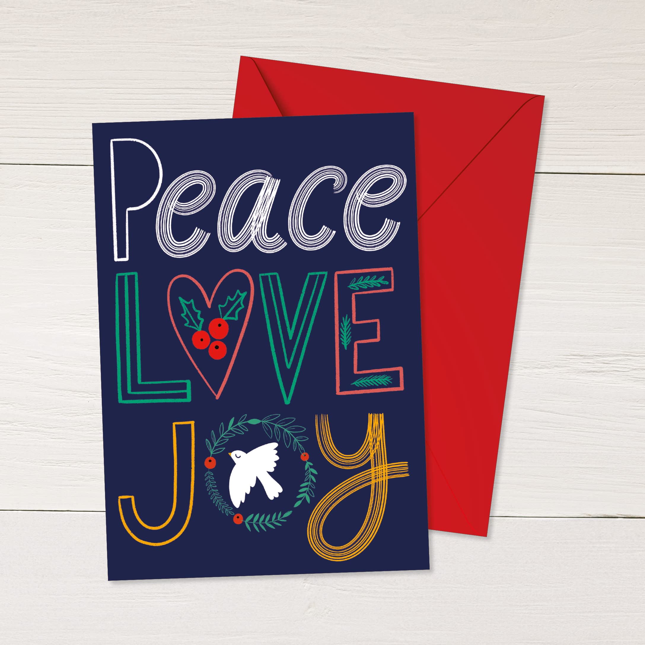RSVP Lot de 24 cartes de vœux de Noël avec enveloppes : Peace Love Joy - 12,7 x 17,8 cm