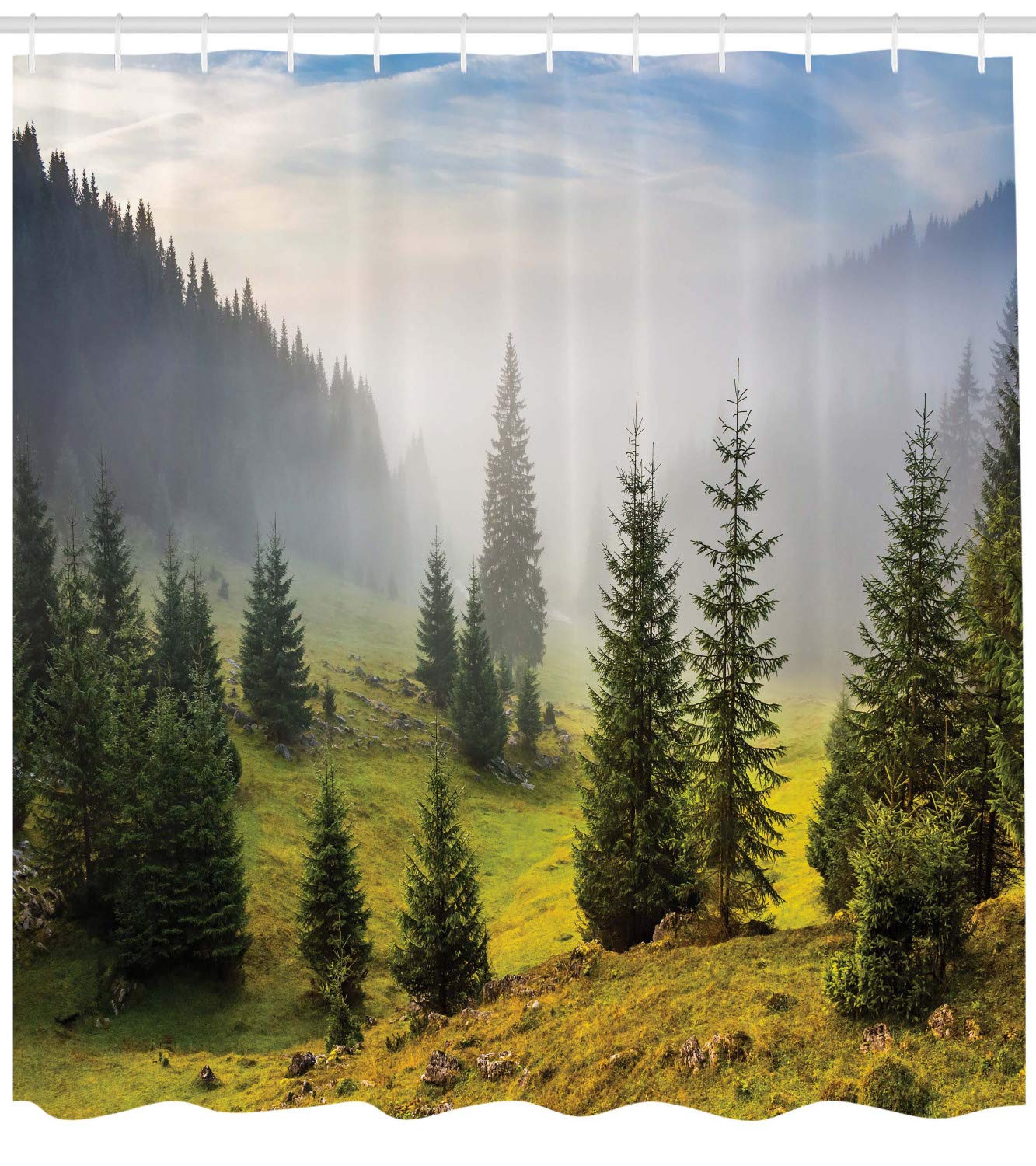 ABAKUHAUS Forest Shower Curtain, Fir Trees on Meadow Between Hillsides Conifer Woodland in Fog Before Sunrise - Image 2