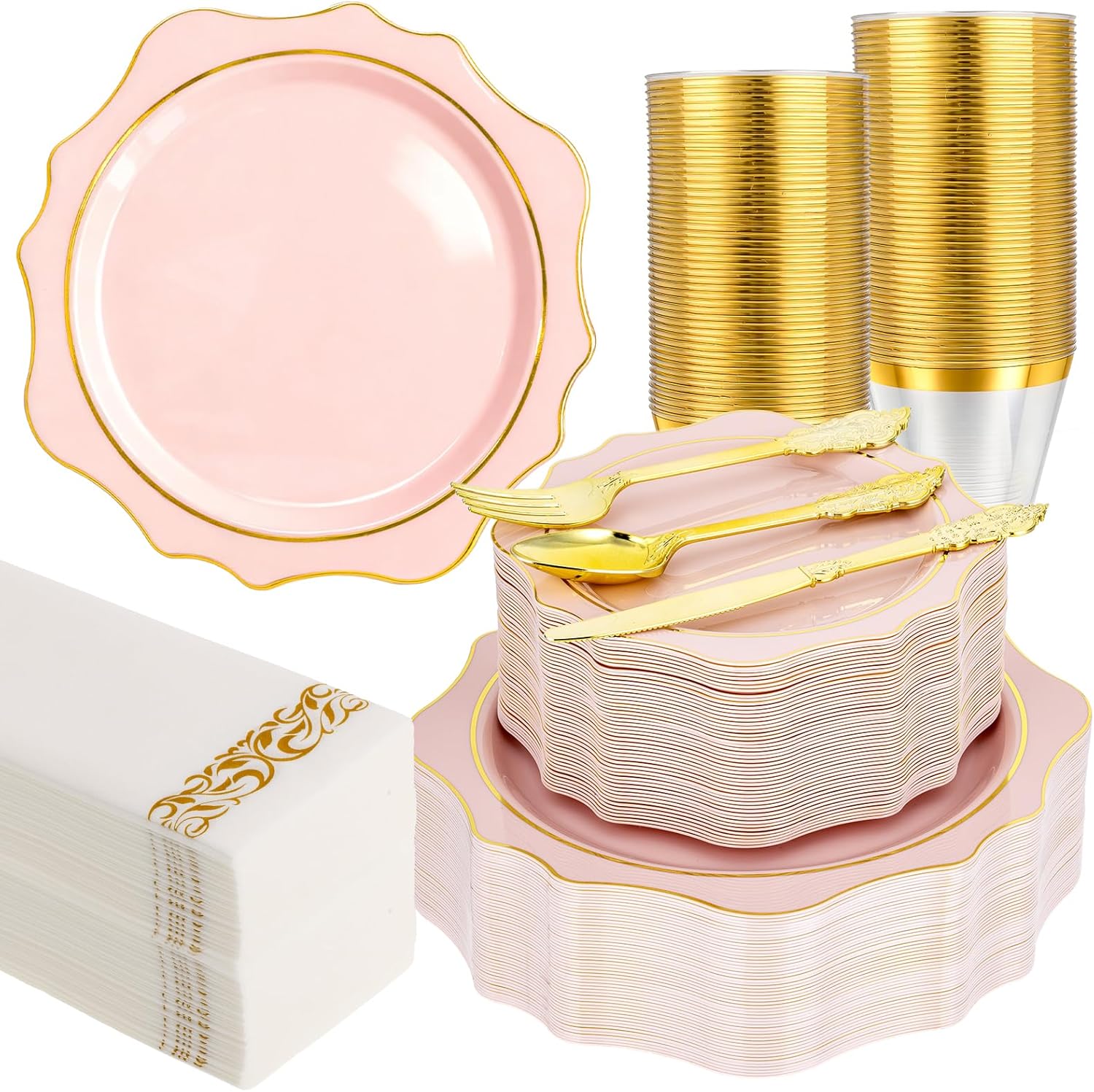 350 PCS Pink and Gold Plastic Plates, Gold Disposable Plates for 50 Guests, Includes 100 Disposable Plates, 50 Cups, 150 Silverwares, and 50 Napkins for Party, Wedding and Graduation