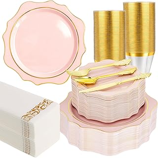 350 PCS Pink and Gold Plastic Plates, Gold Disposable Plates for 50 Guests, Includes 100 Disposable Plates, 50 Cups, 150 Silverwares, and 50 Napkins for Party, Wedding and Graduation