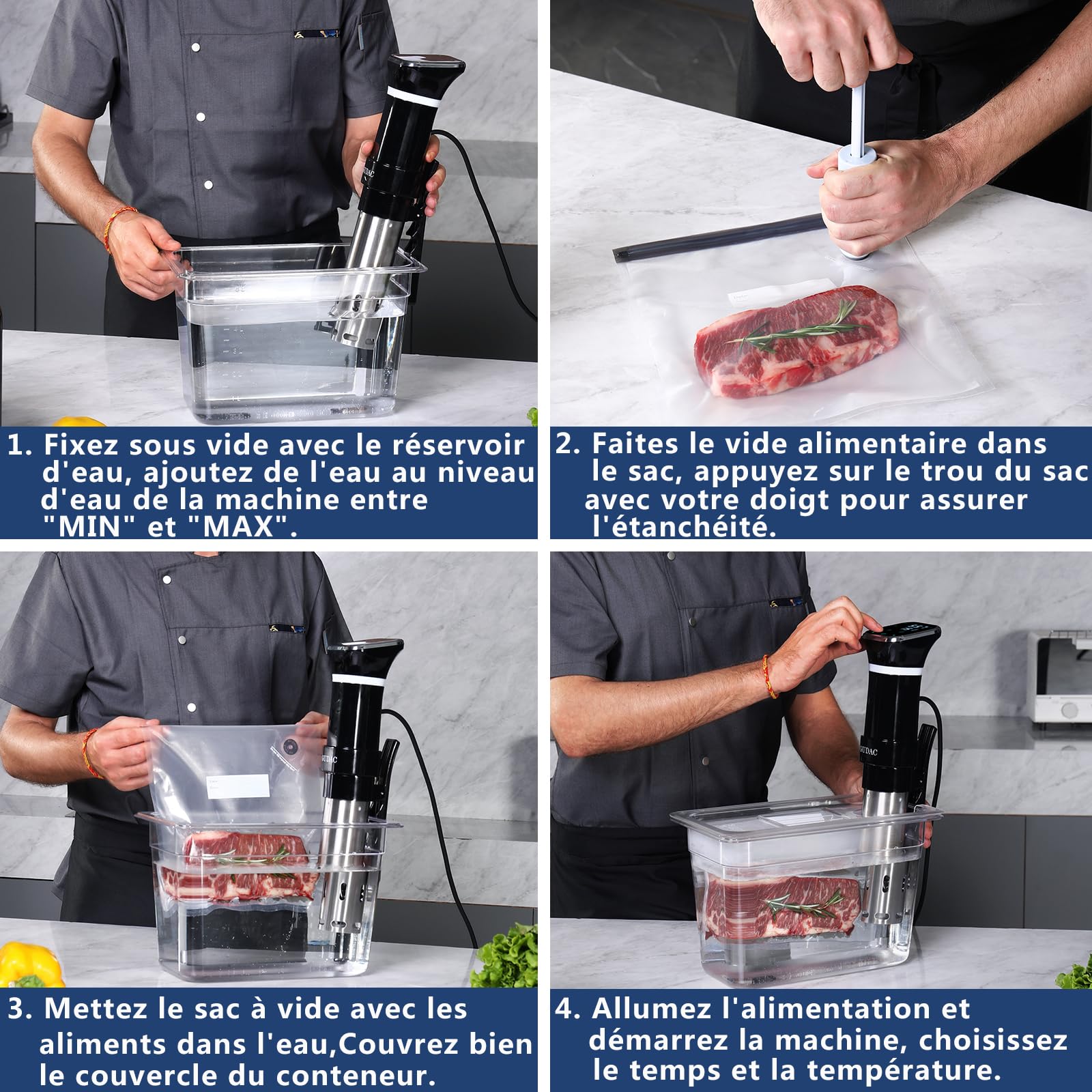 thermoplongeur Sous Vide,1100 Watts,Ensemble Cuiseur Sous Vide,Bains-marie basse température cuisson sous vide, avec conteneur d'eau 6 Litres, avec 10 sacs à vide