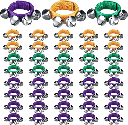50 pulseras de pulsera de Mardi Gras con banda de muñeca musical campanas de tobillo instrumento de ritmo percusión muñeca agitando cascabeles de