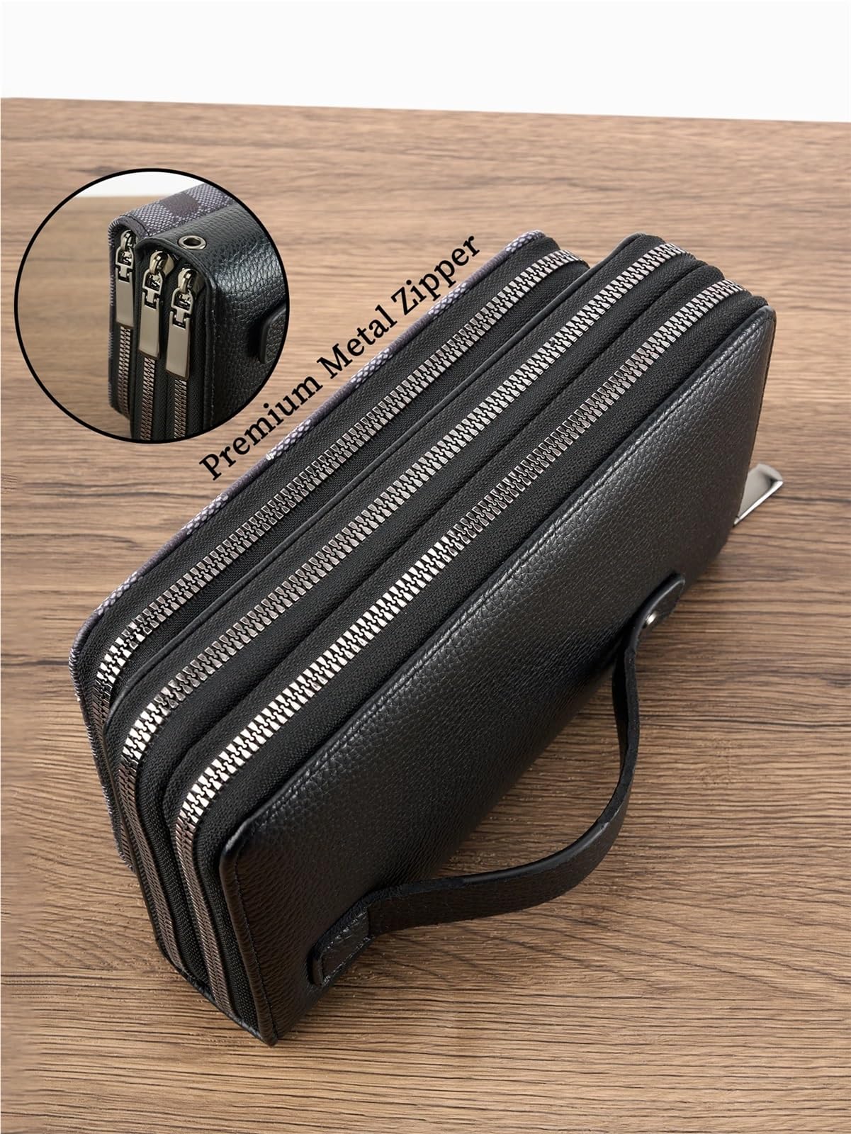 Pochette Uomo Pochette da uomo in pelle PU con cinturino polso, scomparti for carte multifunzione e tasca nascosta for contanti