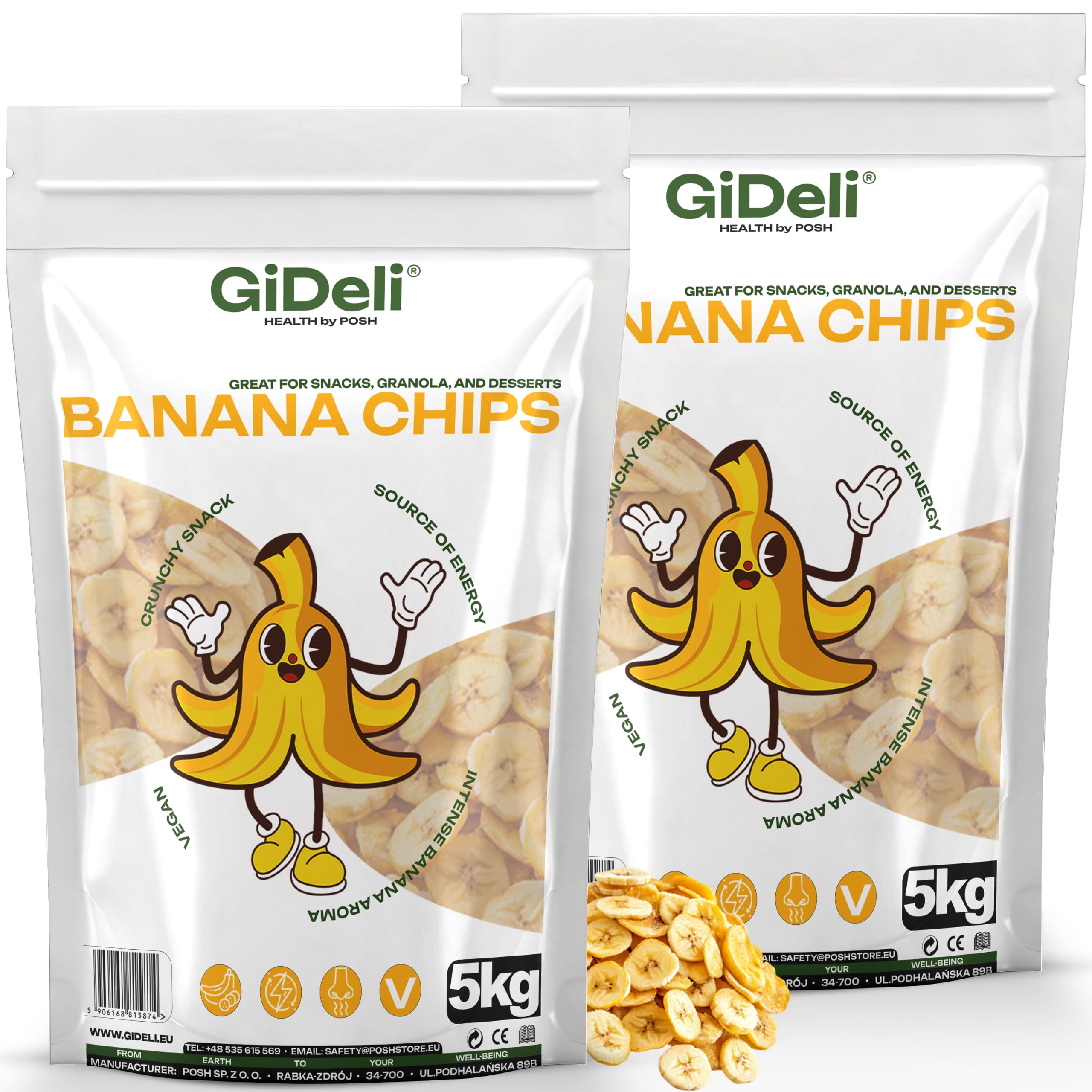 GiDeli Bananenchips Getrocknet 2x5kg - Knusprige Banana Chips aus sonnengereiften Früchten der Philippinen - In Kokosöl veredelt & ohne Palmöl - Dried Banana für Müsli, Joghurt & als Snack