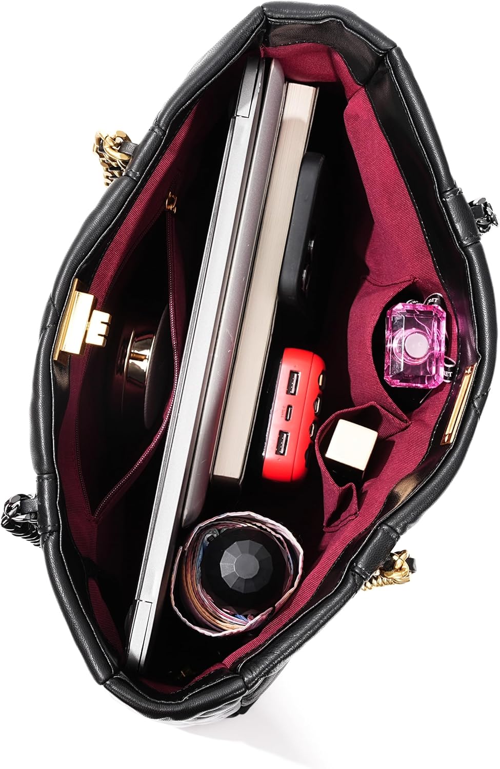 Luxury Soft Lambskin Quilted Shoulder Bag with Black & Gold Mixed Chain Strap for Women - Image 4