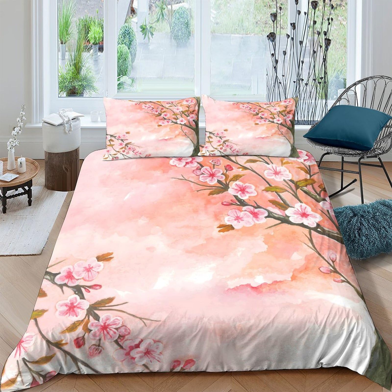 Ctjqhvkz Style-10 3D Printed Sakura Blossom Fitted Sheet Microfiber Soft Pink Watercolor Spring Branch Bed Cover For Bedroom Guest Room Dorm Decor Single（135X200cm）