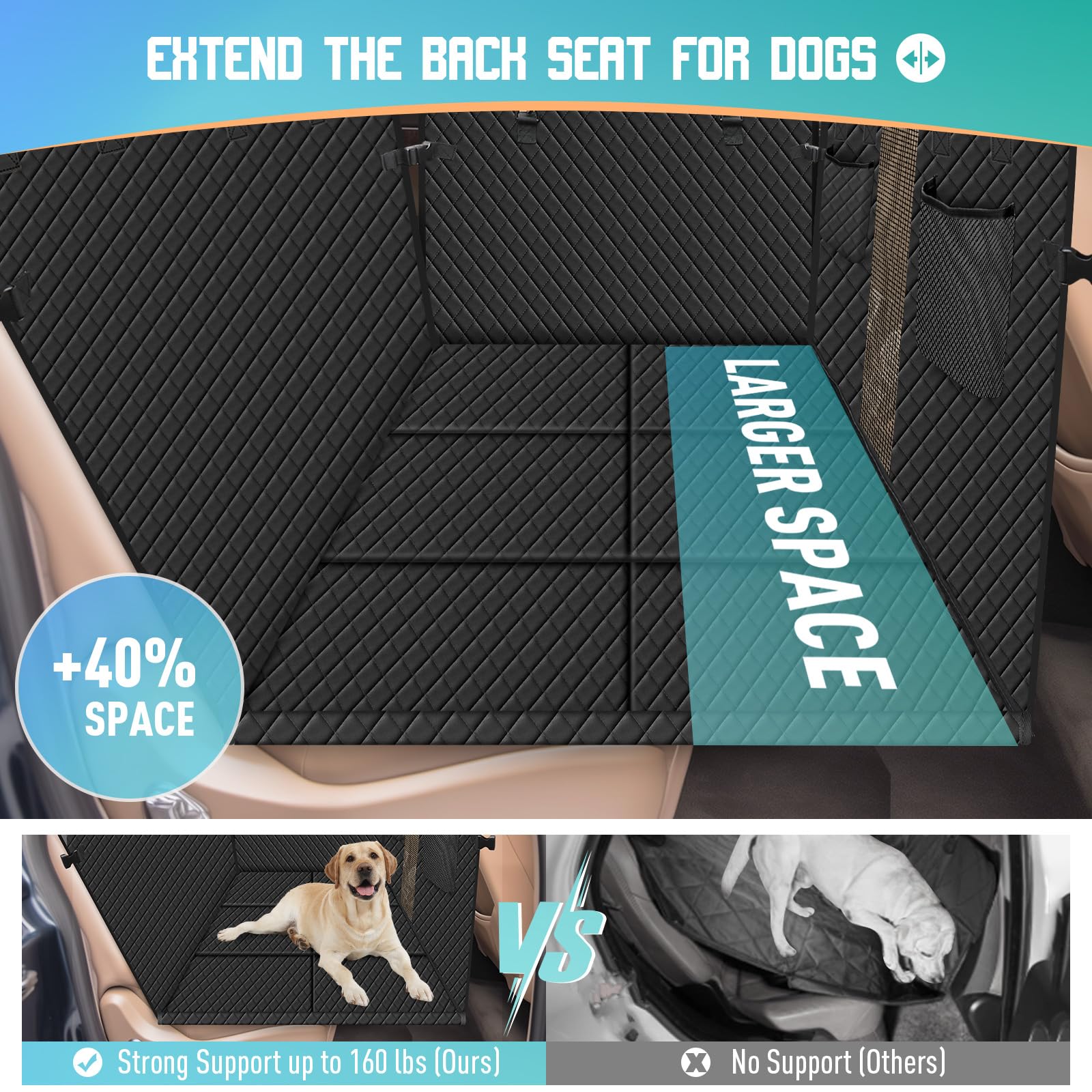 Reiseresa Coperta per cani per auto, sedile posteriore per cani, con robusta tavola in legno duro e cinture di sicurezza, impermeabile, per tutte le auto, SUV, colore nero