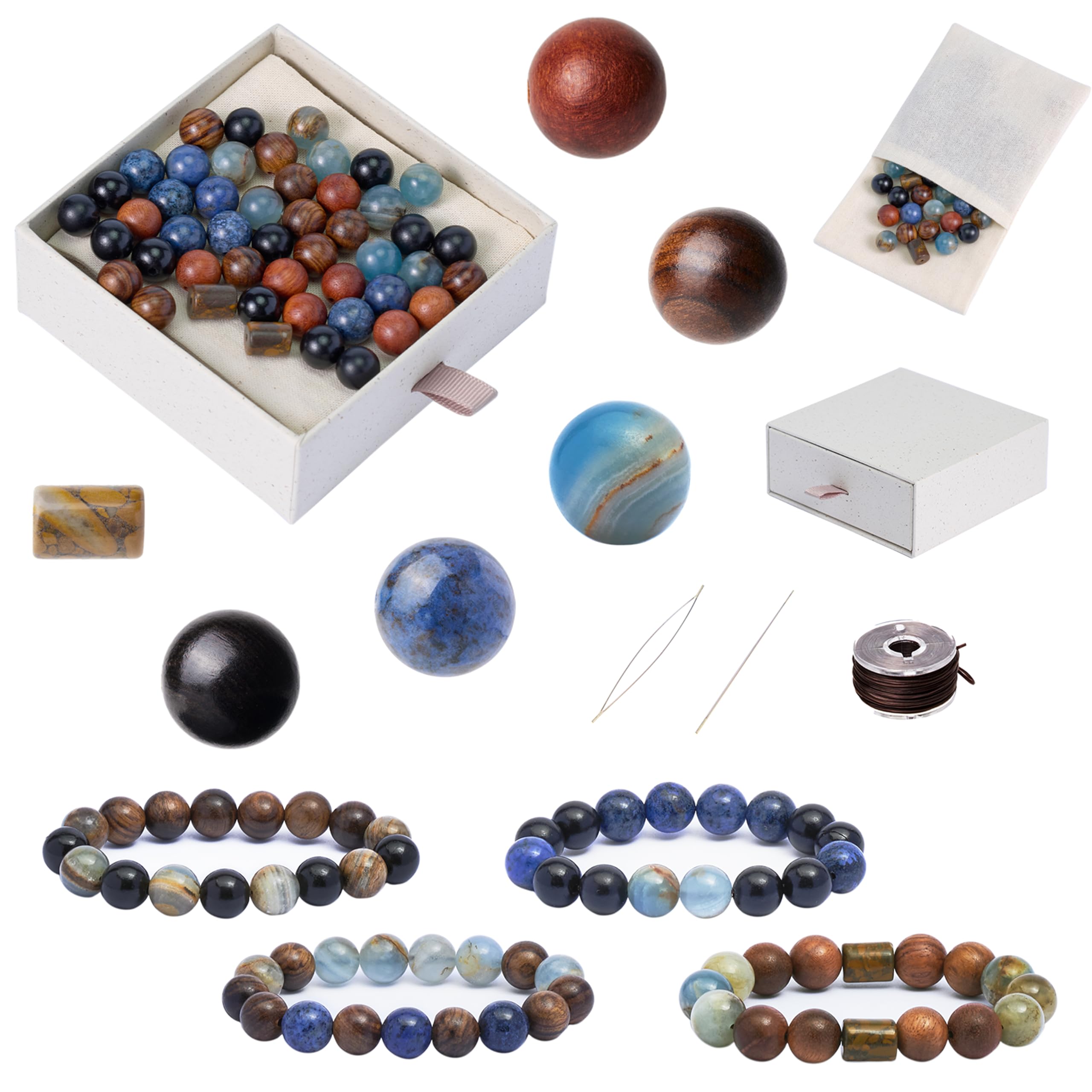 Geezon Navis Armbandherstellungs-Set, 10 mm, Natursteinperlen mit Holzperlen, 48 Stück, mehrfarbig, DIY-Schmuckherstellung, Starter-Set für Erwachsene, Männer, Frauen, Geburtstagsgeschenk, Basteln (48